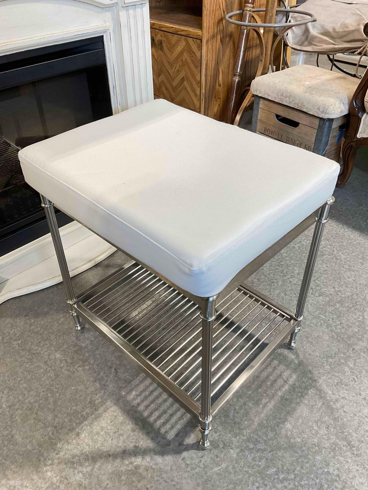 Modern Metal Bench w/ Storage Shelf & White Vinyl Upholstered Cushion. Fair Condition. See pics. - 6