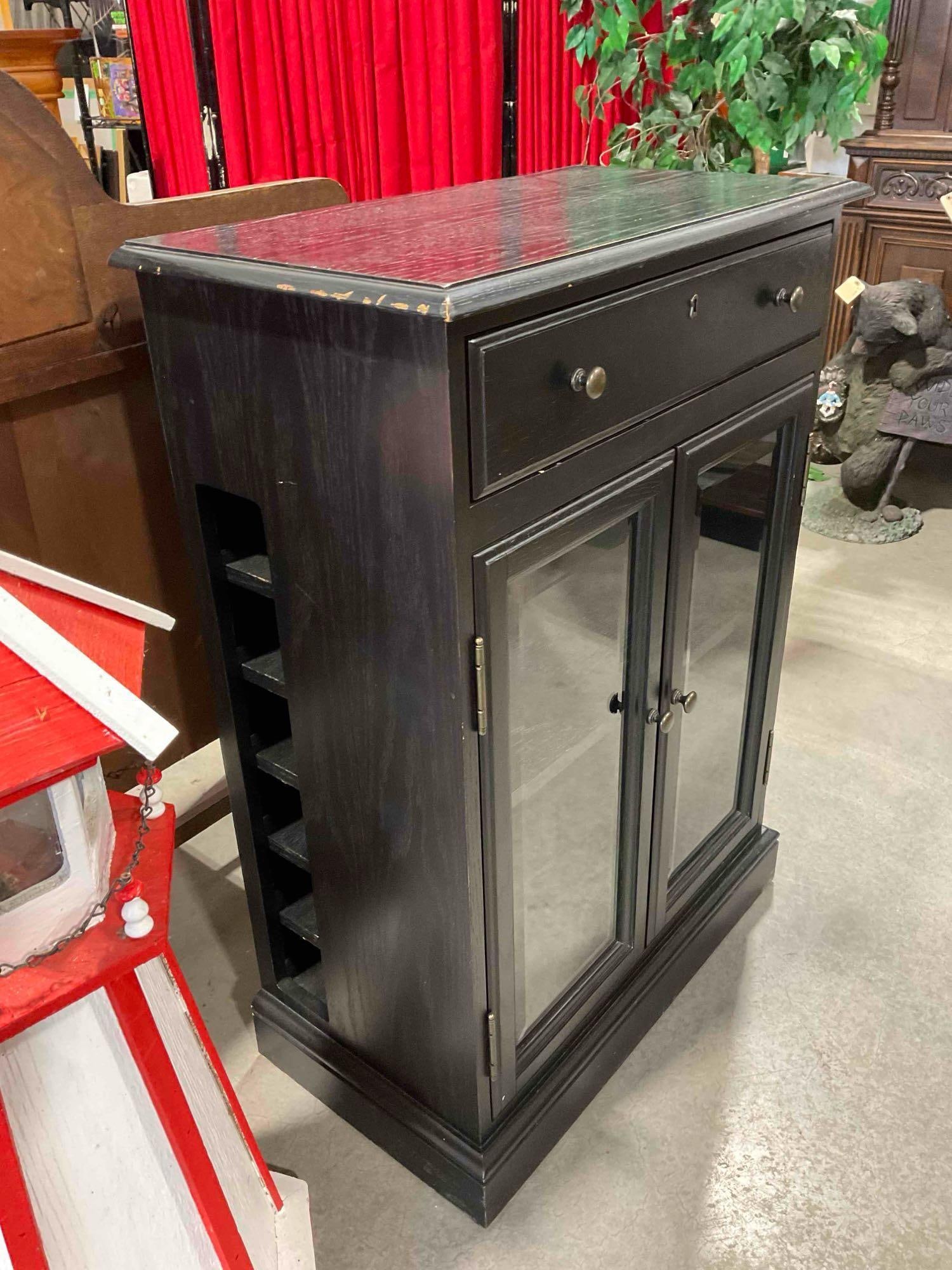 Bassett Black Painted Wooden Buffet Cabinet w/ Drawer, 2 Shelves & Glass Fronted Doors. - 2