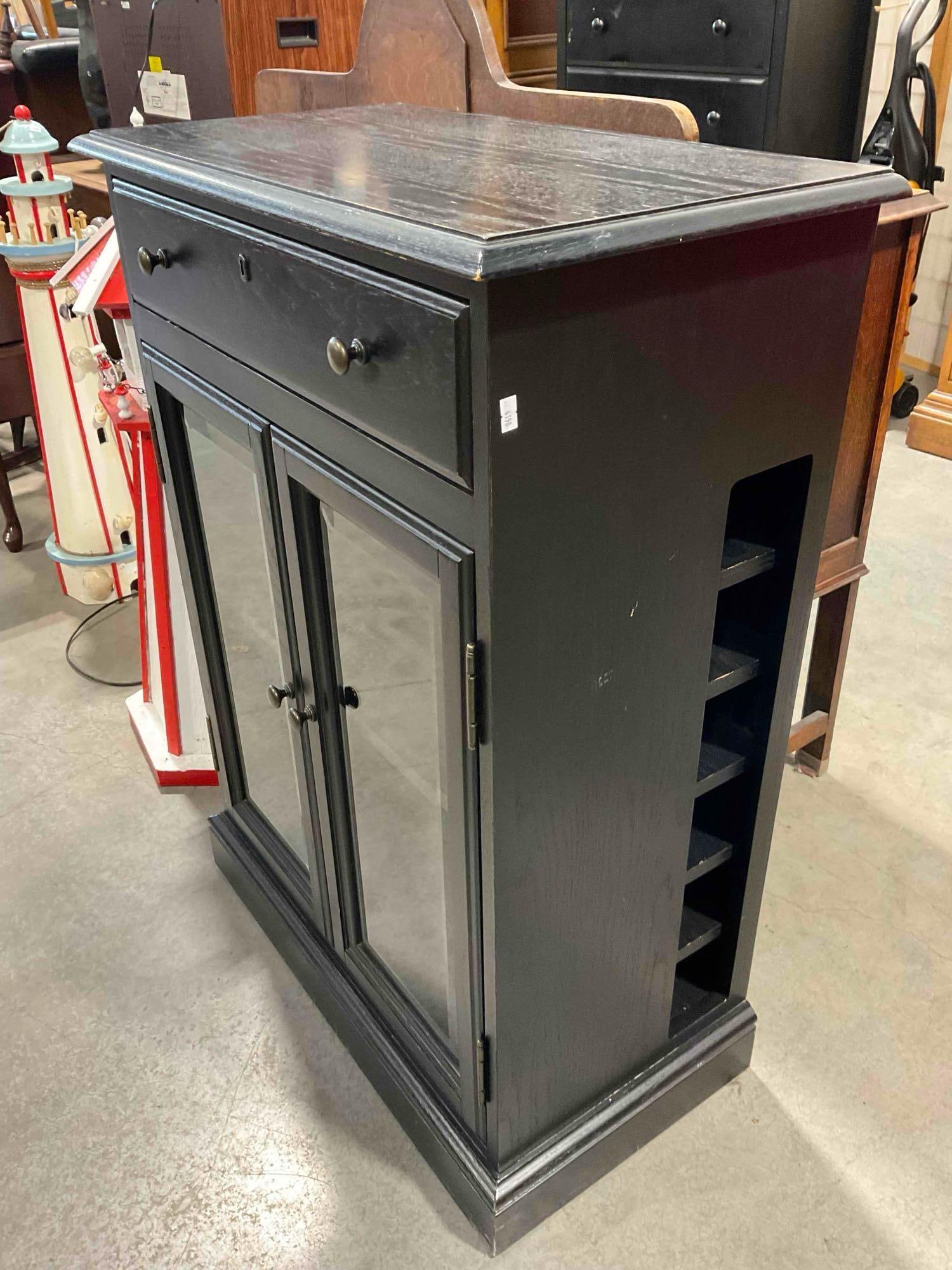 Bassett Black Painted Wooden Buffet Cabinet w/ Drawer, 2 Shelves & Glass Fronted Doors. - 3