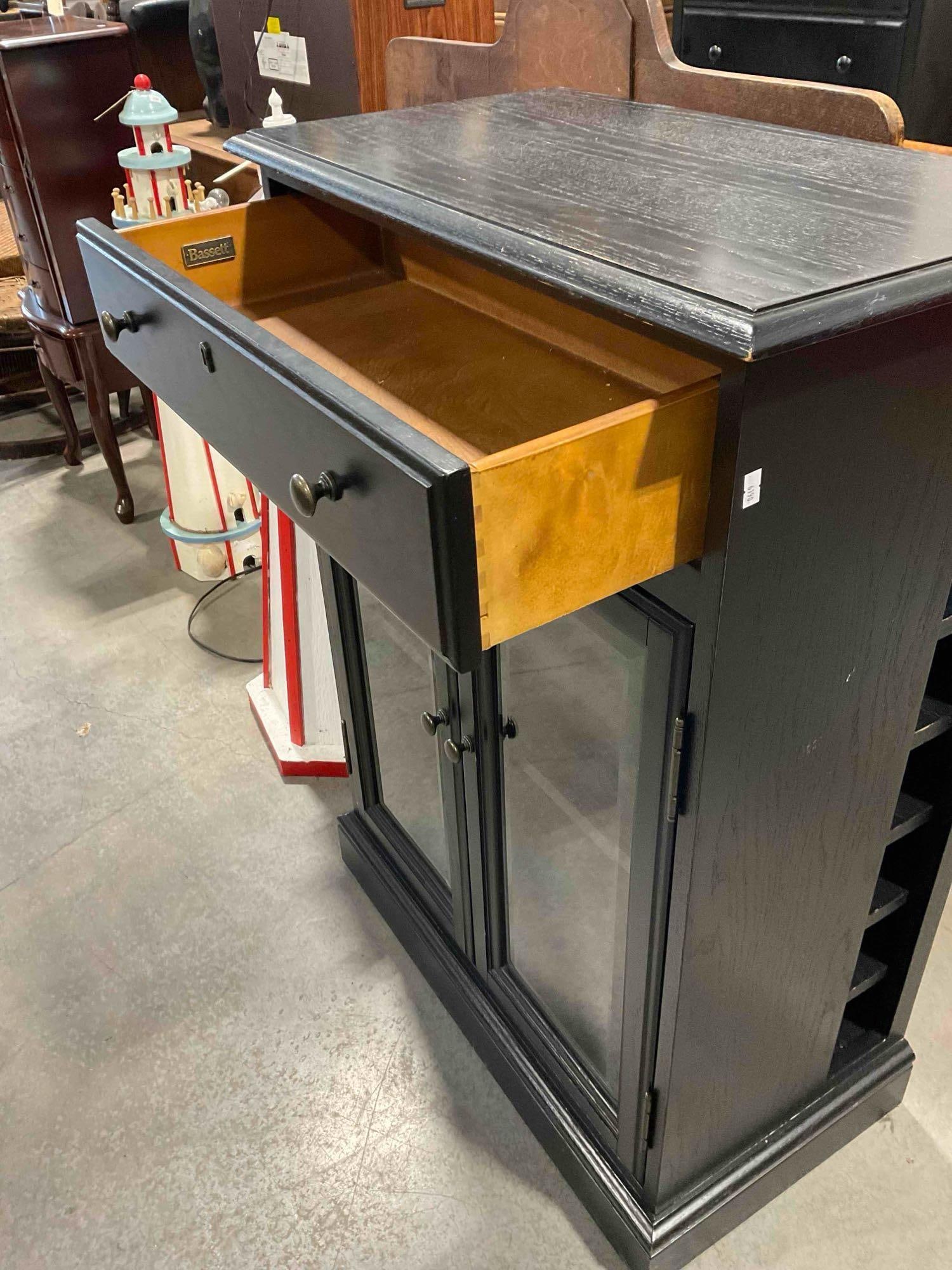Bassett Black Painted Wooden Buffet Cabinet w/ Drawer, 2 Shelves & Glass Fronted Doors. - 4
