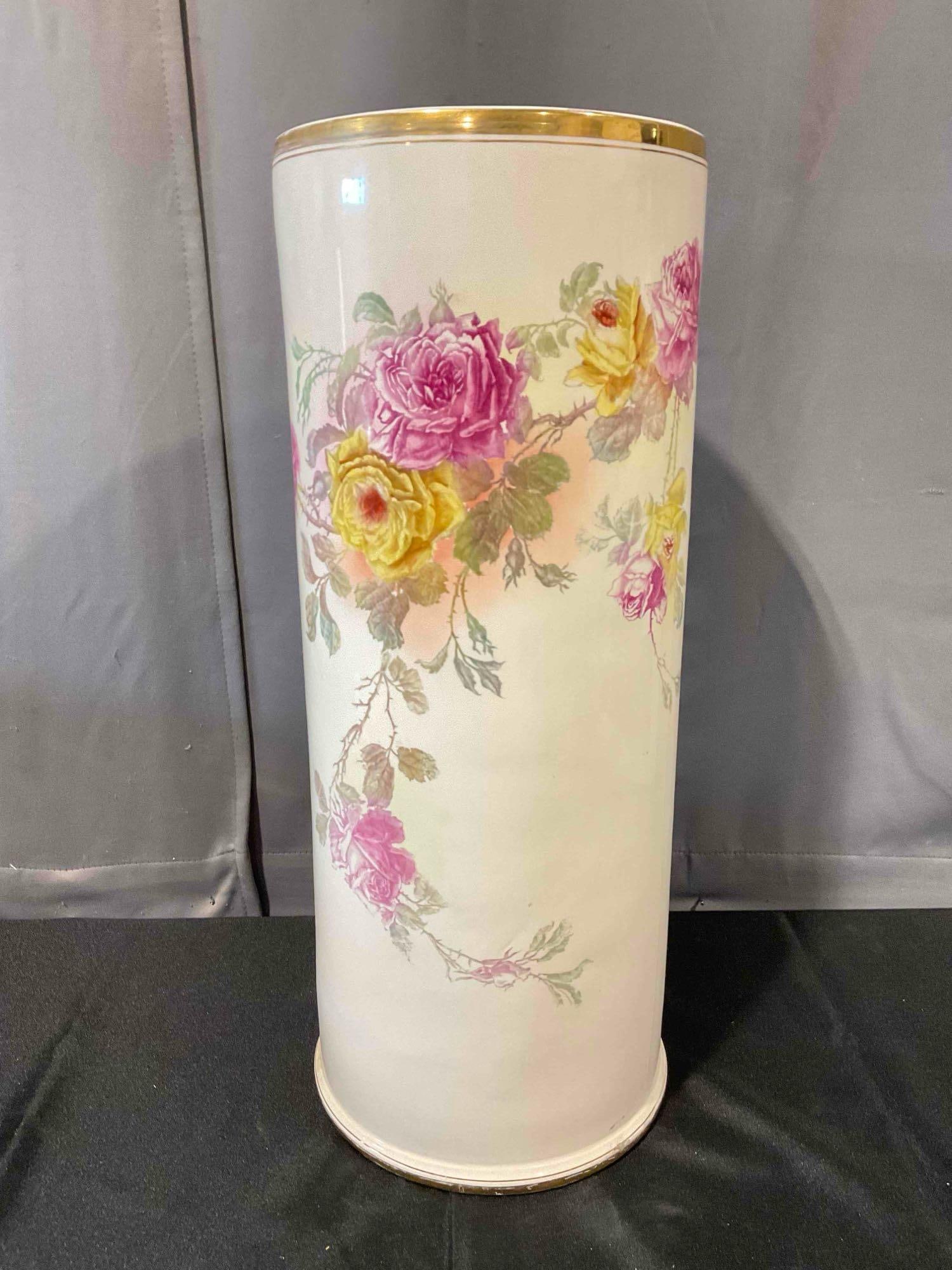 Vintage Bonn Off-White Ceramic Cane/Umbrella Stand w/ Pink & Yellow Rose Design. See pics.: Vintage Bonn Off-White Ceramic Cane/Umbrella Stand w/ Pink & Yellow Rose Design. Minor wear indicative of age and use, otherwise looks to be in good condition. Measures 9" x 9" x 22" DM-6260
