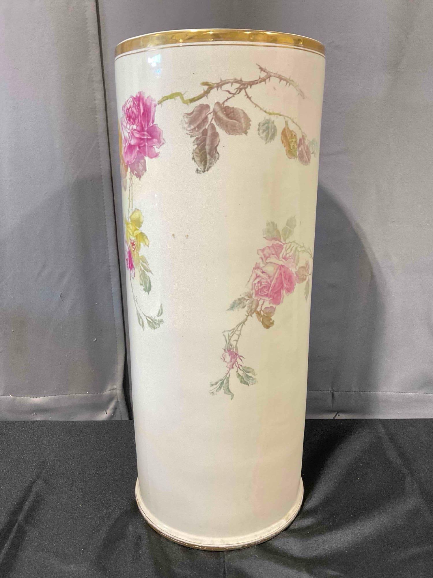 Vintage Bonn Off-White Ceramic Cane/Umbrella Stand w/ Pink & Yellow Rose Design. See pics. - 2