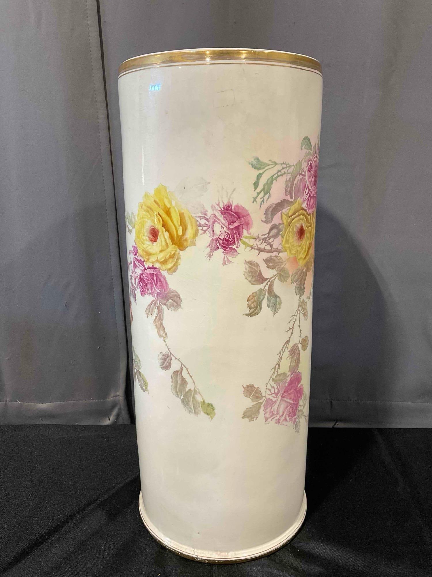 Vintage Bonn Off-White Ceramic Cane/Umbrella Stand w/ Pink & Yellow Rose Design. See pics. - 3