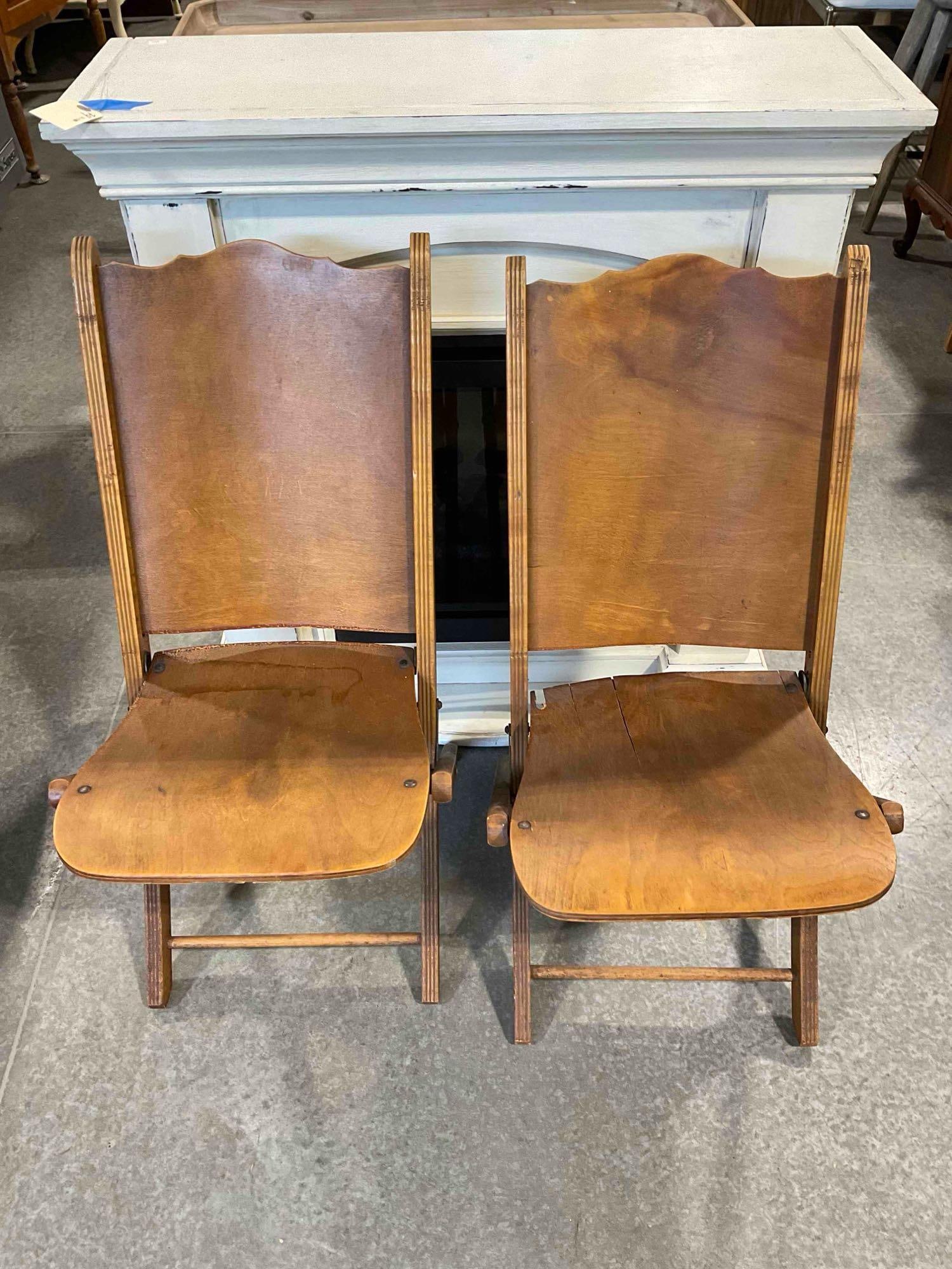 Pair of Vintage Maple Veneer Folding Chairs from the Woman's Club of Olympia. As Is Condition.: Pair of Vintage Maple Veneer Folding Chairs from the Woman's Club of Olympia. As Is Condition. Pieces have wear indicative of age, look to have been kerosene treated?, have some splits and missing