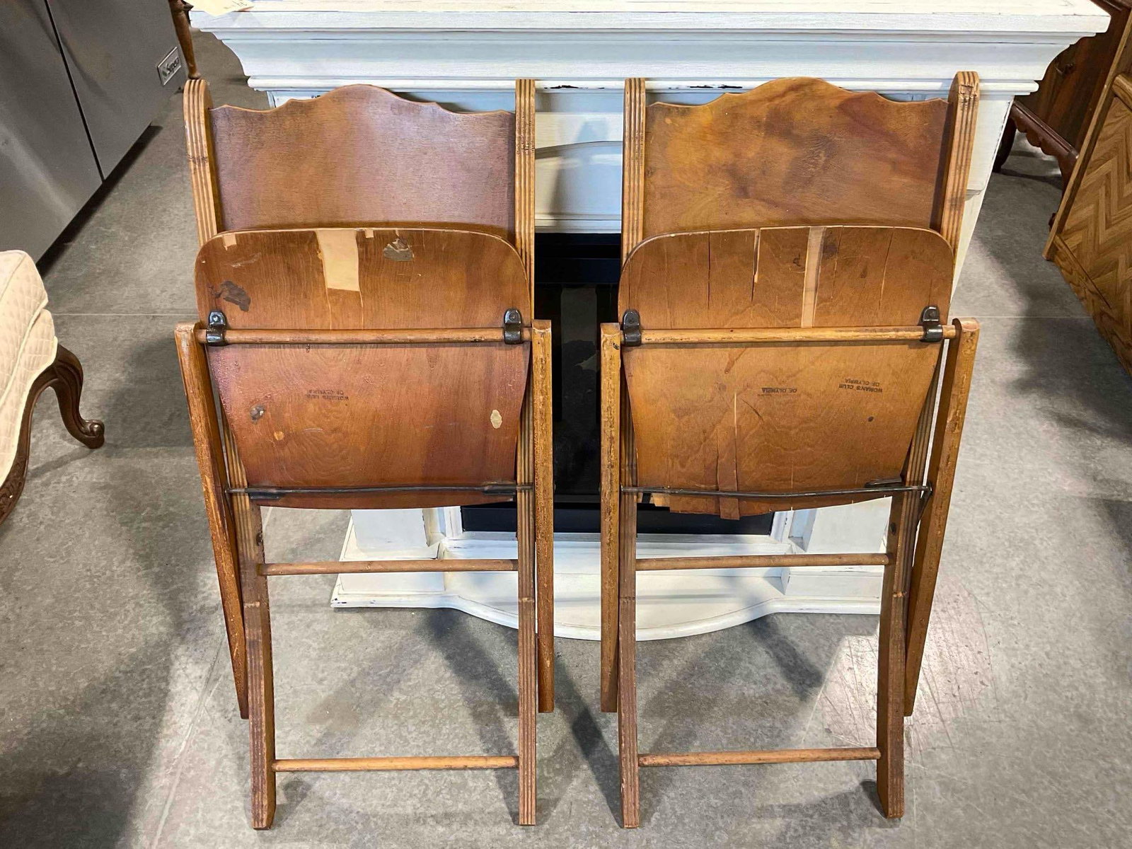 Pair of Vintage Maple Veneer Folding Chairs from the Woman's Club of Olympia. As Is Condition. - 8