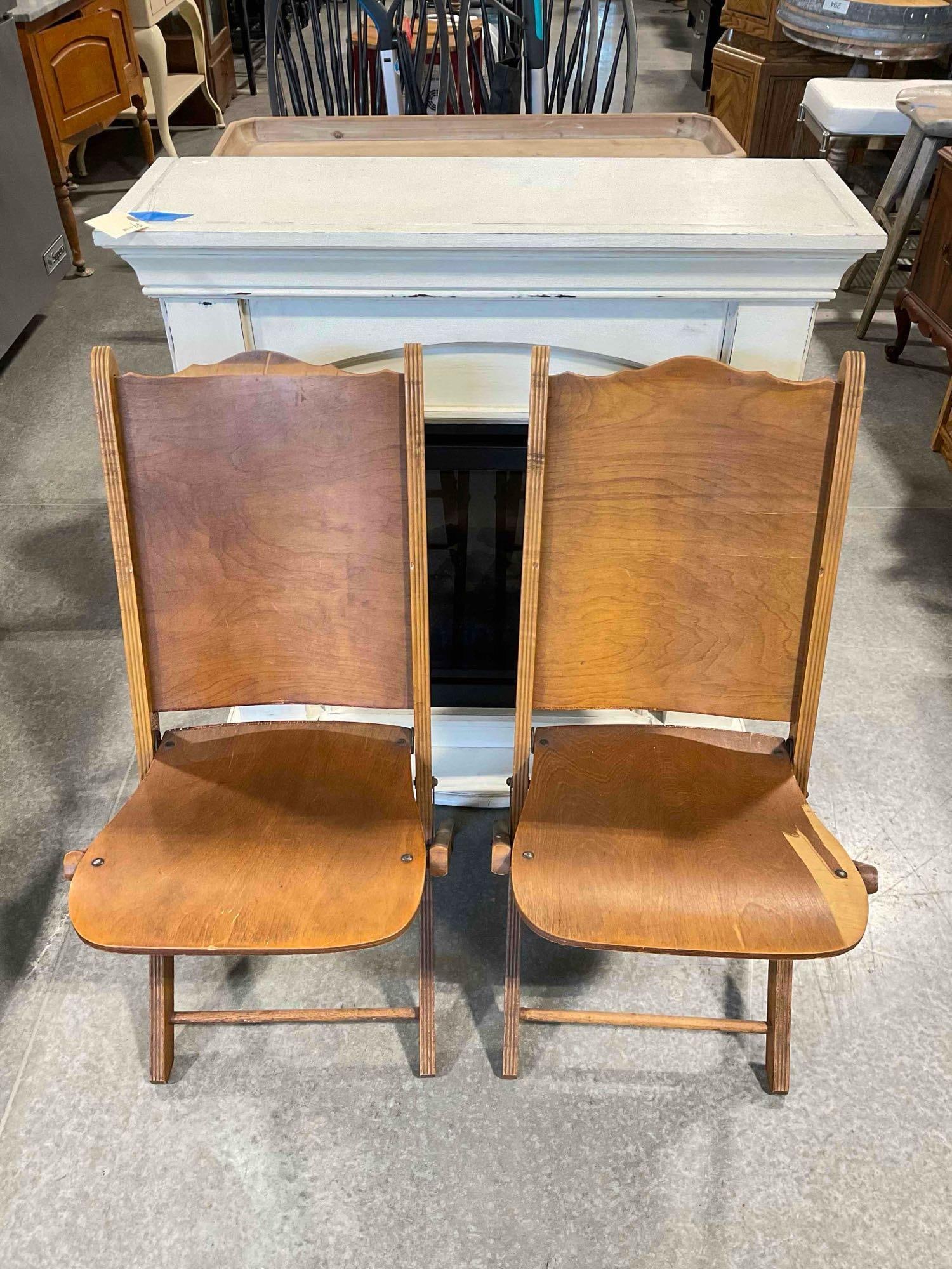 Pair of Vintage Maple Veneer Folding Chairs from the Woman's Club of Olympia. Fair Condition.: Pair of Vintage Maple Veneer Folding Chairs from the Woman's Club of Olympia. As Is Condition. Pieces have wear indicative of age, look to have been kerosene treated?, have some splits and missing
