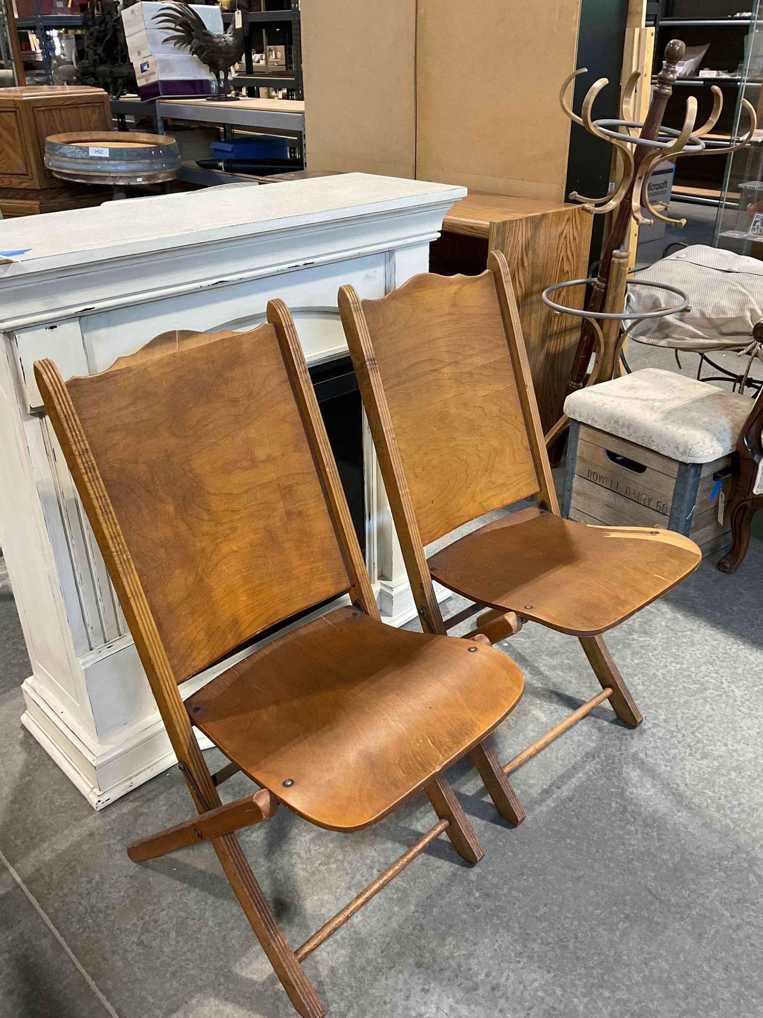 Pair of Vintage Maple Veneer Folding Chairs from the Woman's Club of Olympia. Fair Condition. - 2