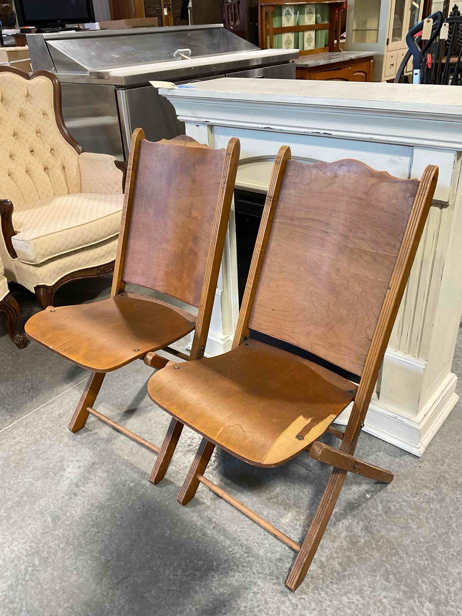 Pair of Vintage Maple Veneer Folding Chairs from the Woman's Club of Olympia. Fair Condition. - 3