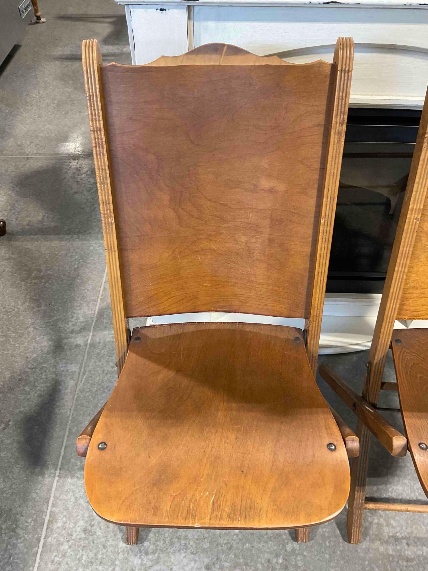 Pair of Vintage Maple Veneer Folding Chairs from the Woman's Club of Olympia. Fair Condition. - 4