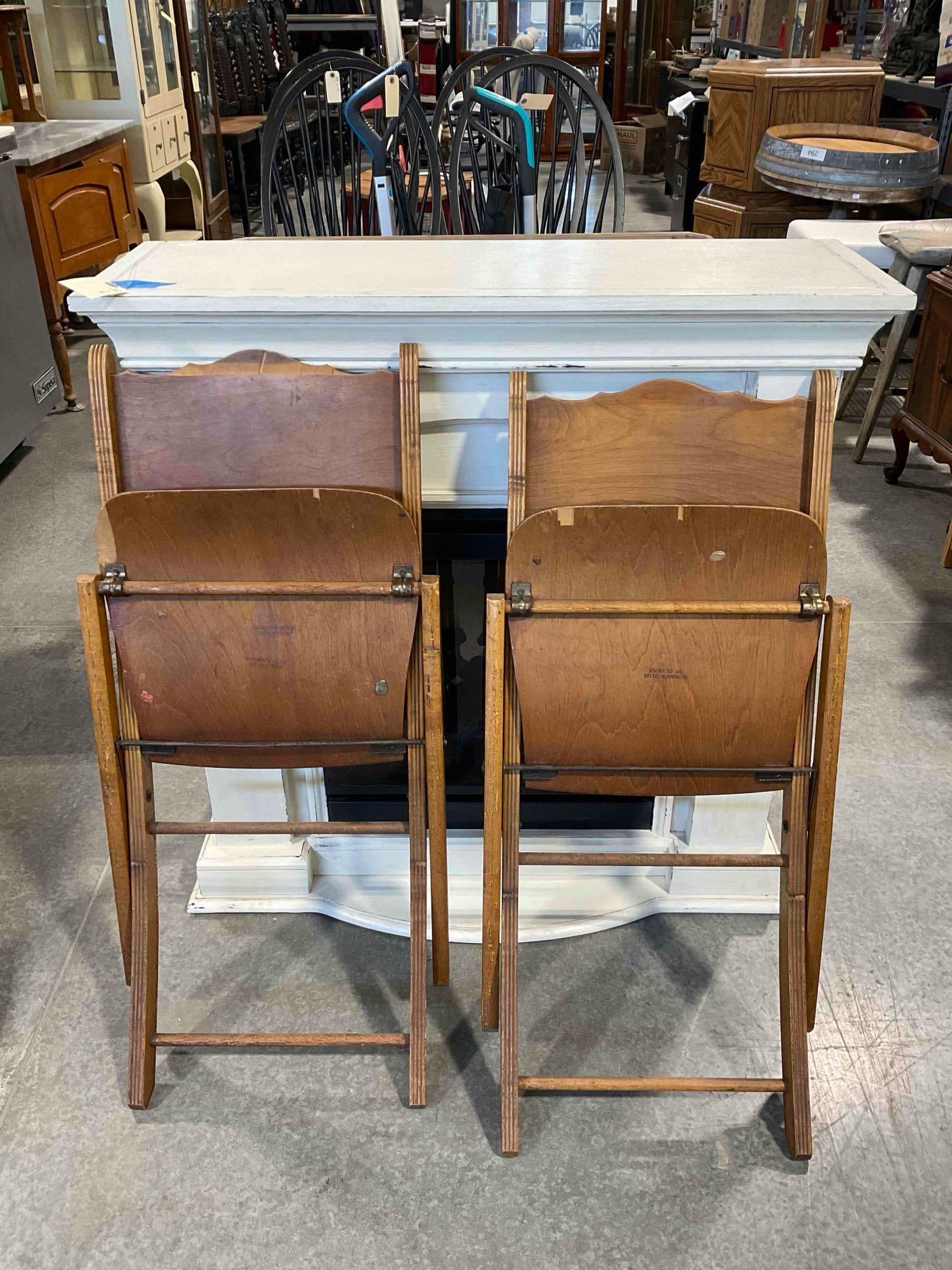 Pair of Vintage Maple Veneer Folding Chairs from the Woman's Club of Olympia. Fair Condition. - 7