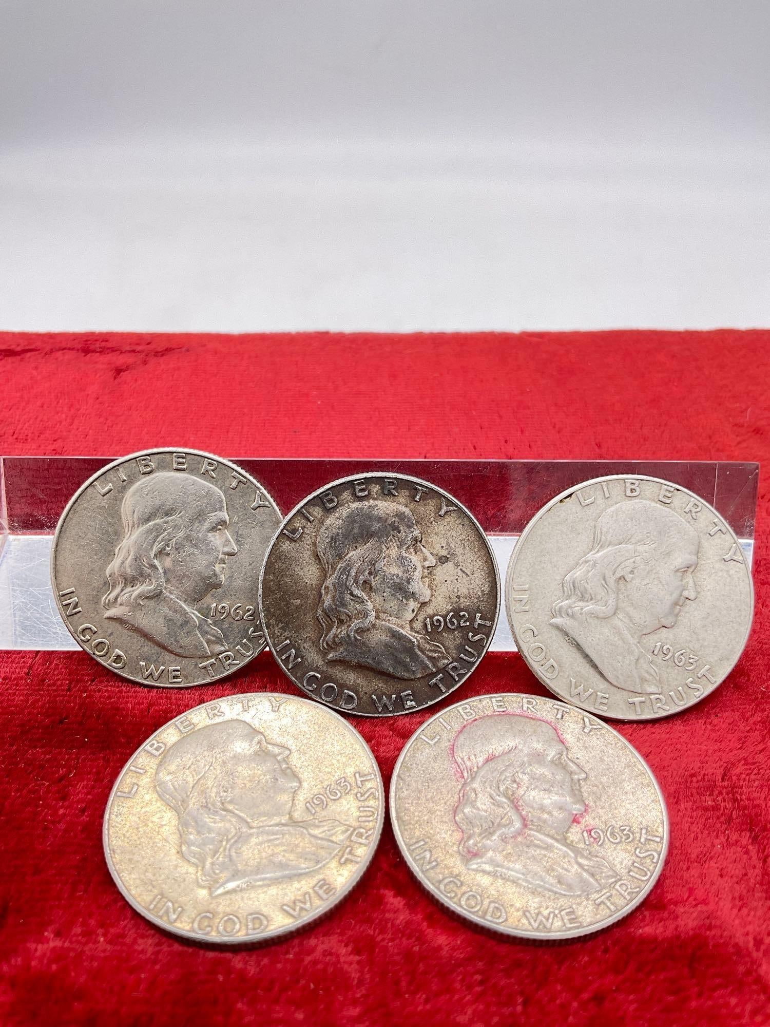 5 x Silver Franklin Half dollars coins 2x 1962-D / 3x 1963 - D (1 of 4)