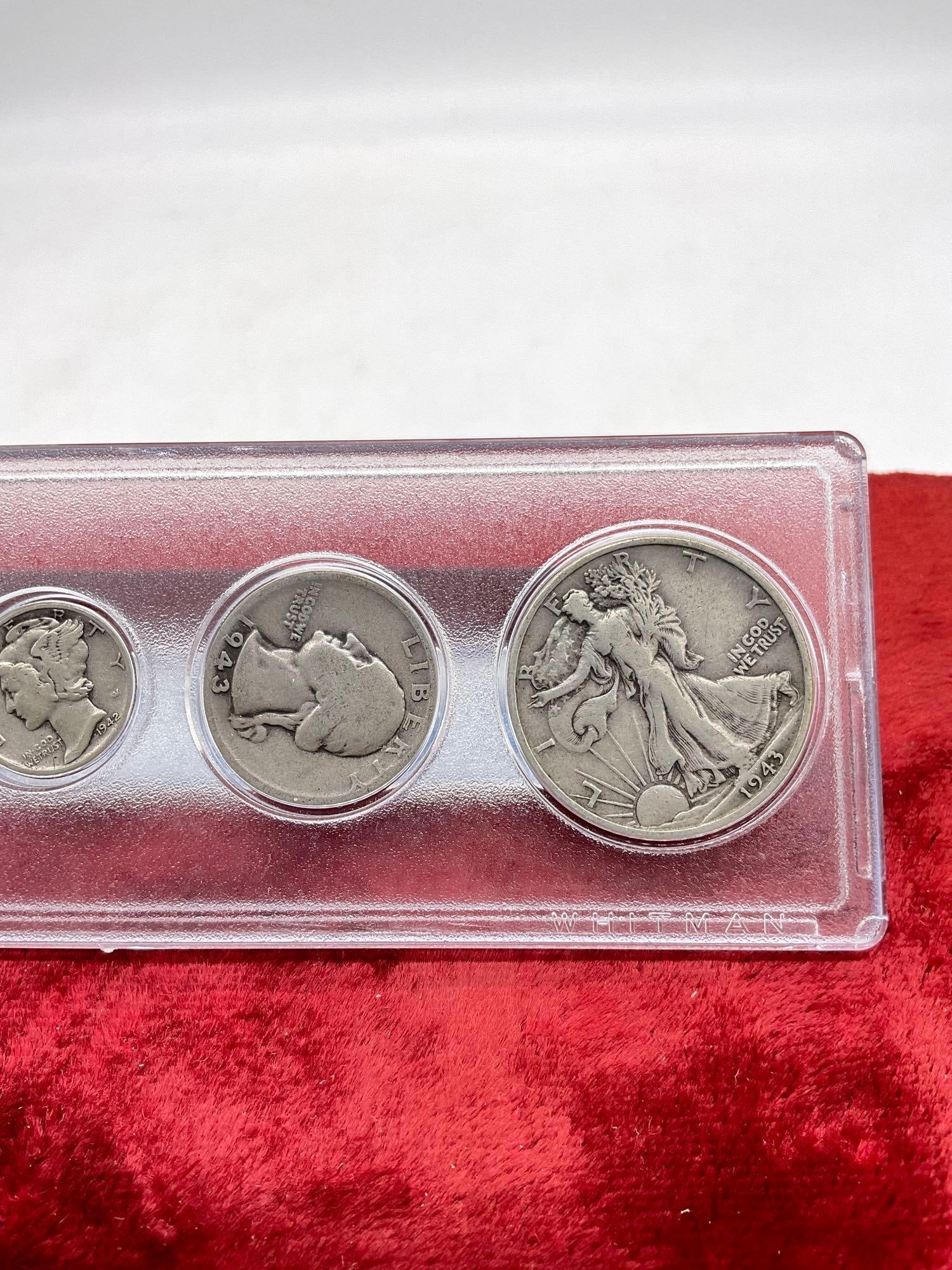 4x Silver coins Walking Libeety half dollar, Washington Quarter , Mecury dime , WWII Nickel + Penny - 3