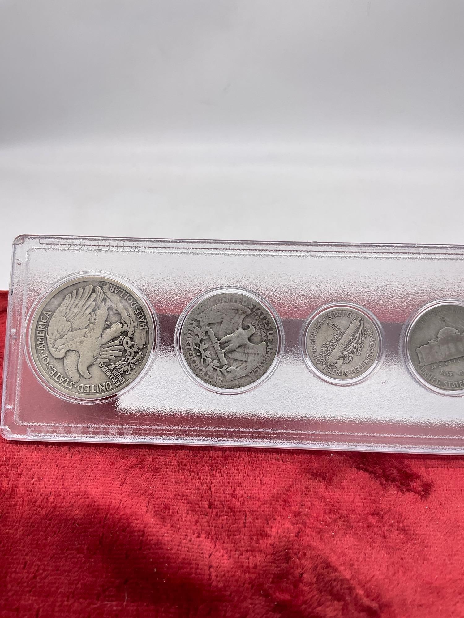4x Silver coins Walking Libeety half dollar, Washington Quarter , Mecury dime , WWII Nickel + Penny - 4