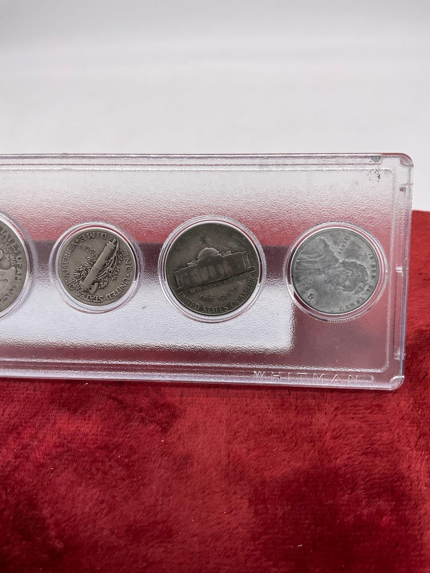 4x Silver coins Walking Libeety half dollar, Washington Quarter , Mecury dime , WWII Nickel + Penny - 5