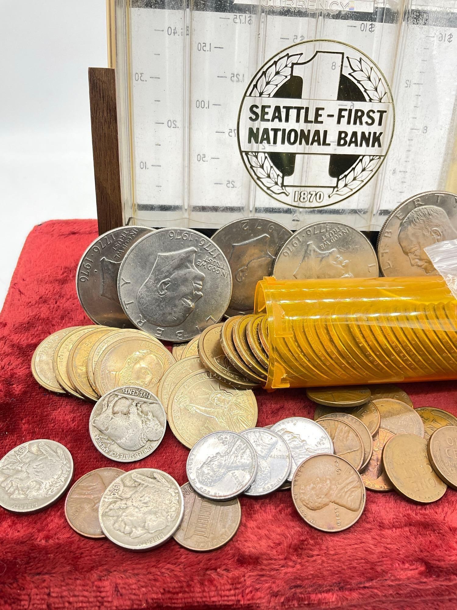 Vintage Seattle First National Coin bank w/key & an assortment of US coins see descrition - 2