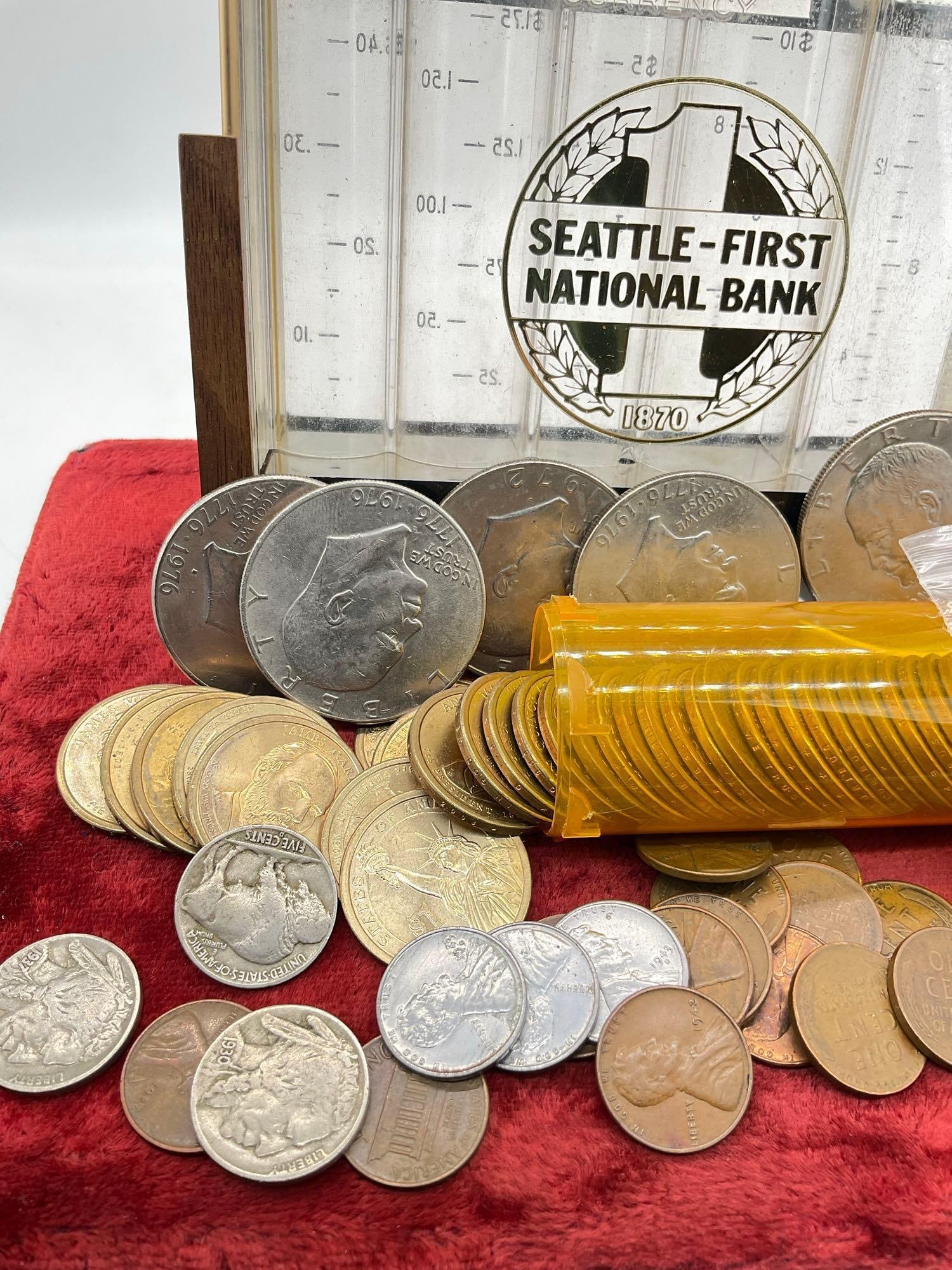Vintage Seattle First National Coin bank w/key & an assortment of US coins see descrition - 4