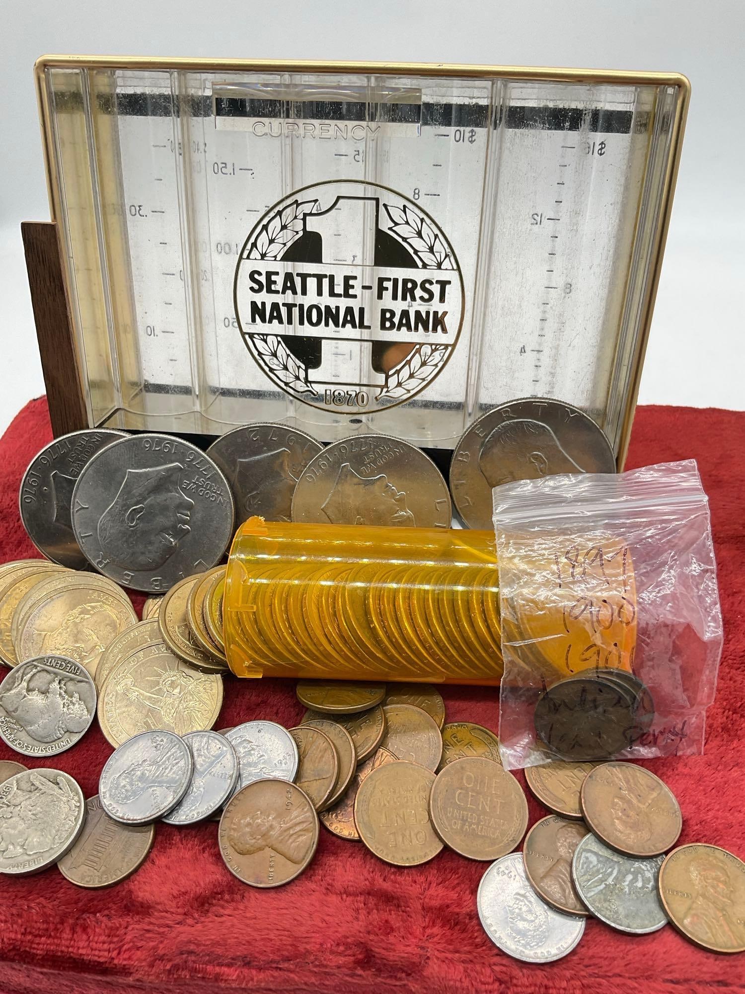 Vintage Seattle First National Coin bank w/key & an assortment of US coins see descrition - 5