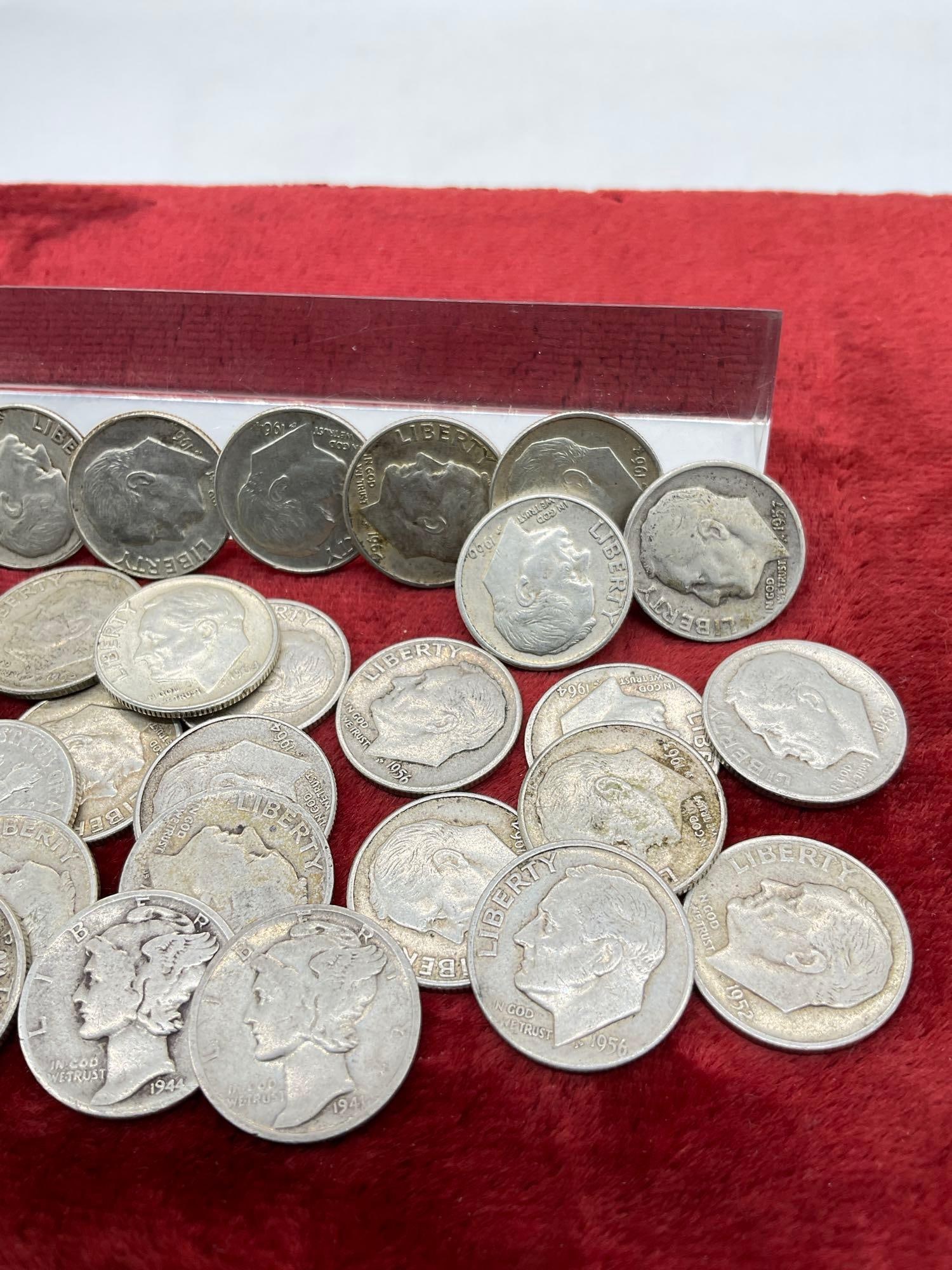 32 x Silver dimes 29x roosevelt 3x silver mercury dimes coins are assorted dates & mint marks - 3