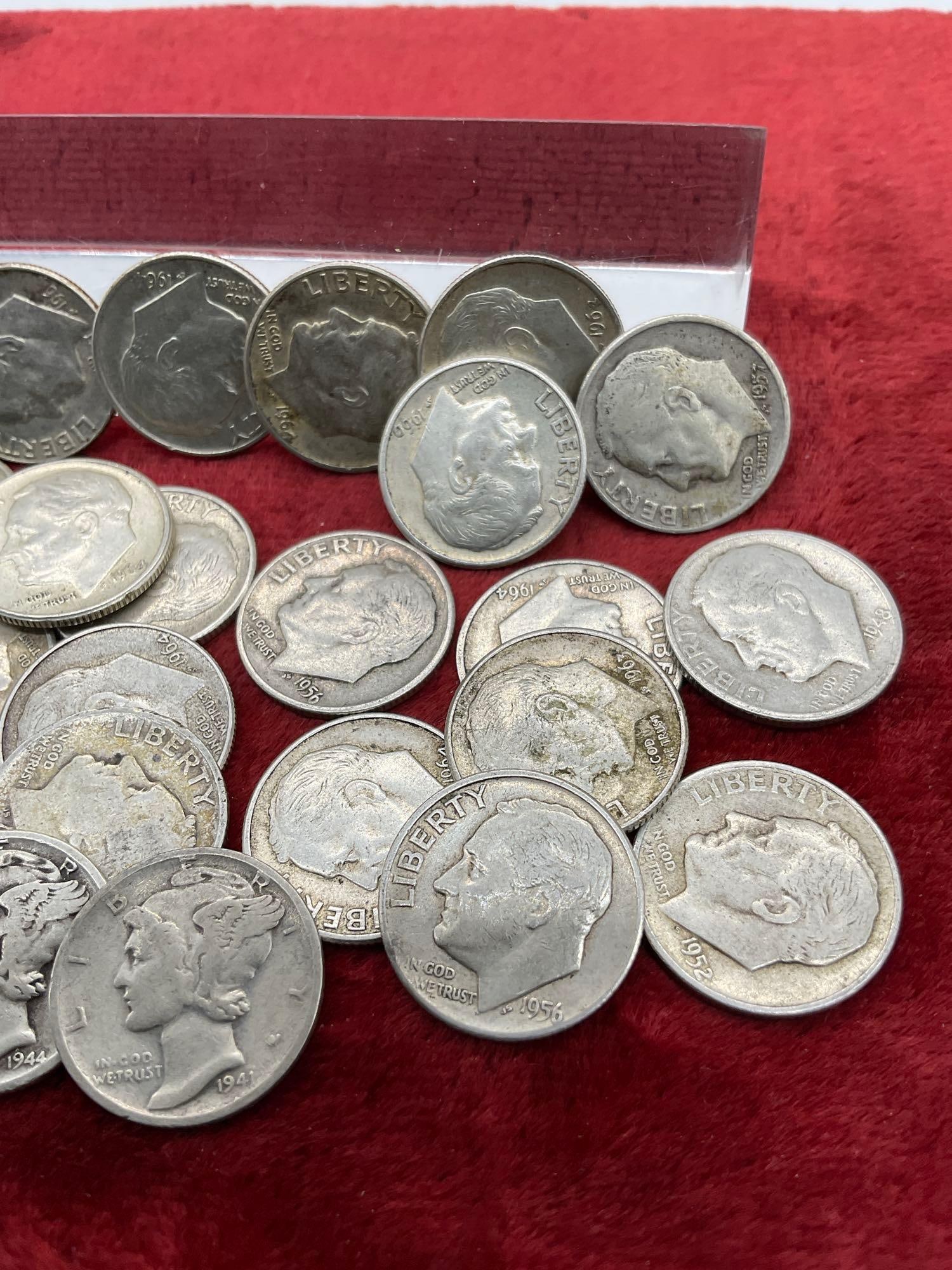 32 x Silver dimes 29x roosevelt 3x silver mercury dimes coins are assorted dates & mint marks - 5