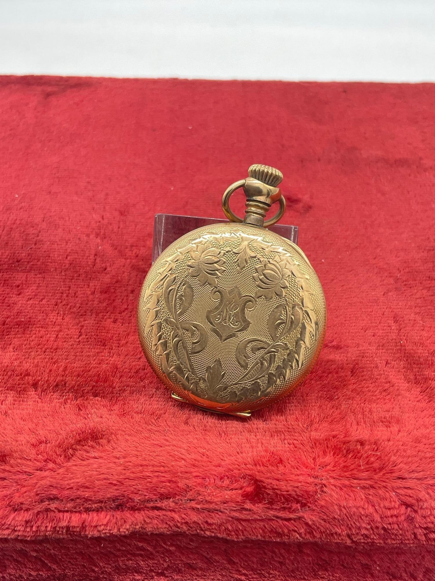Antique 1912 grade 110 sz 0s 7 jewel waltham pocket watch #18490001 w/ Gold filled B&B Royal case - 4