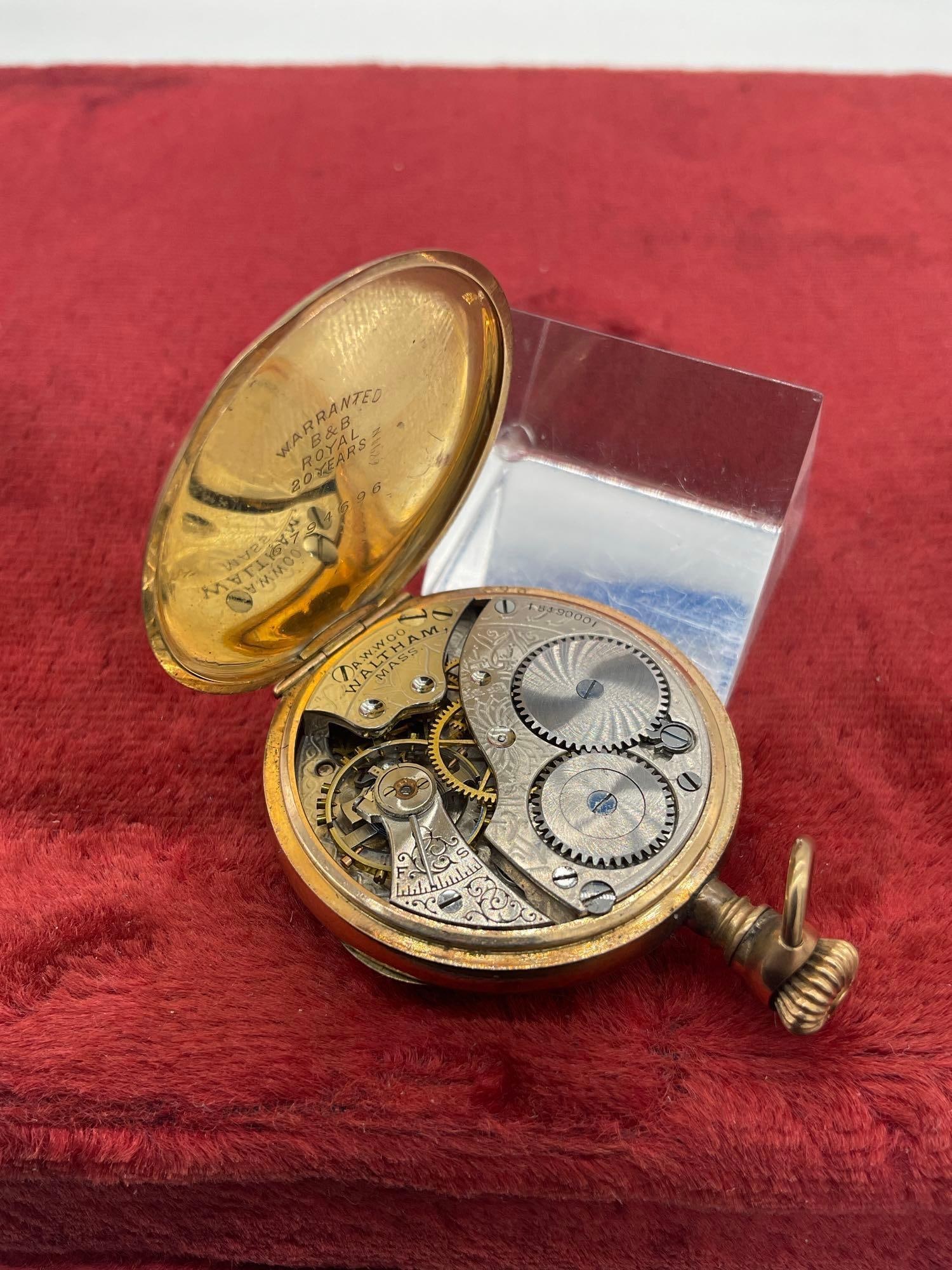 Antique 1912 grade 110 sz 0s 7 jewel waltham pocket watch #18490001 w/ Gold filled B&B Royal case - 5