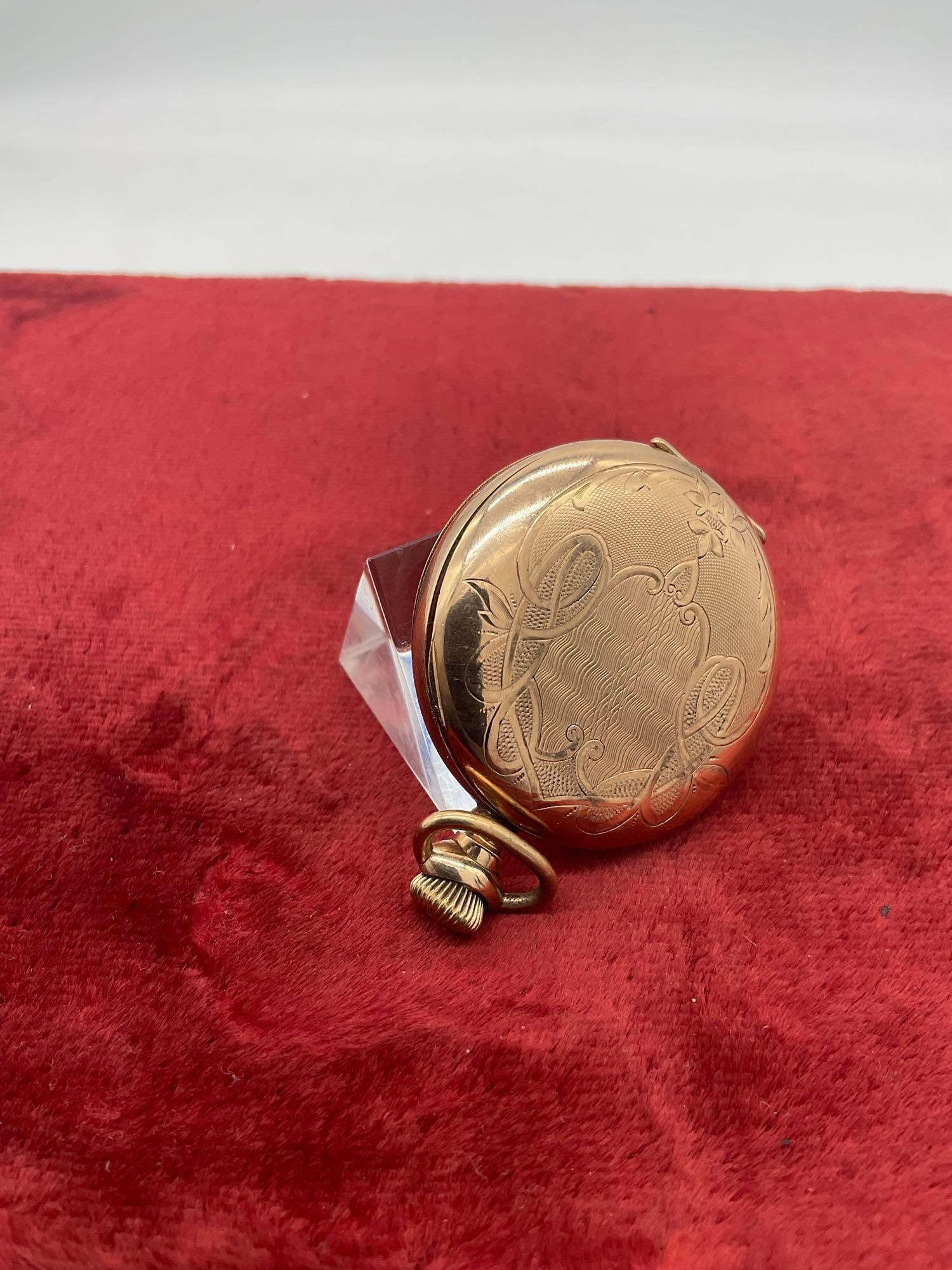 Antique 1907 grade 161 sz 0s 7 jewel waltham pocket watch # 14725397 w/ Gold filled Duber case - 3