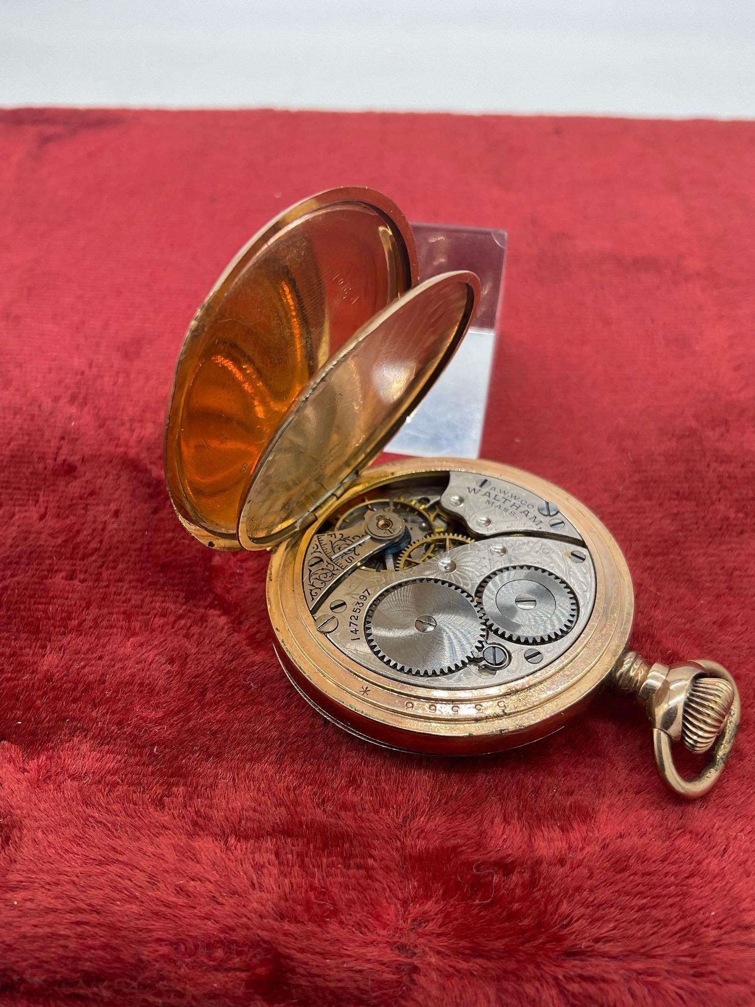Antique 1907 grade 161 sz 0s 7 jewel waltham pocket watch # 14725397 w/ Gold filled Duber case - 4