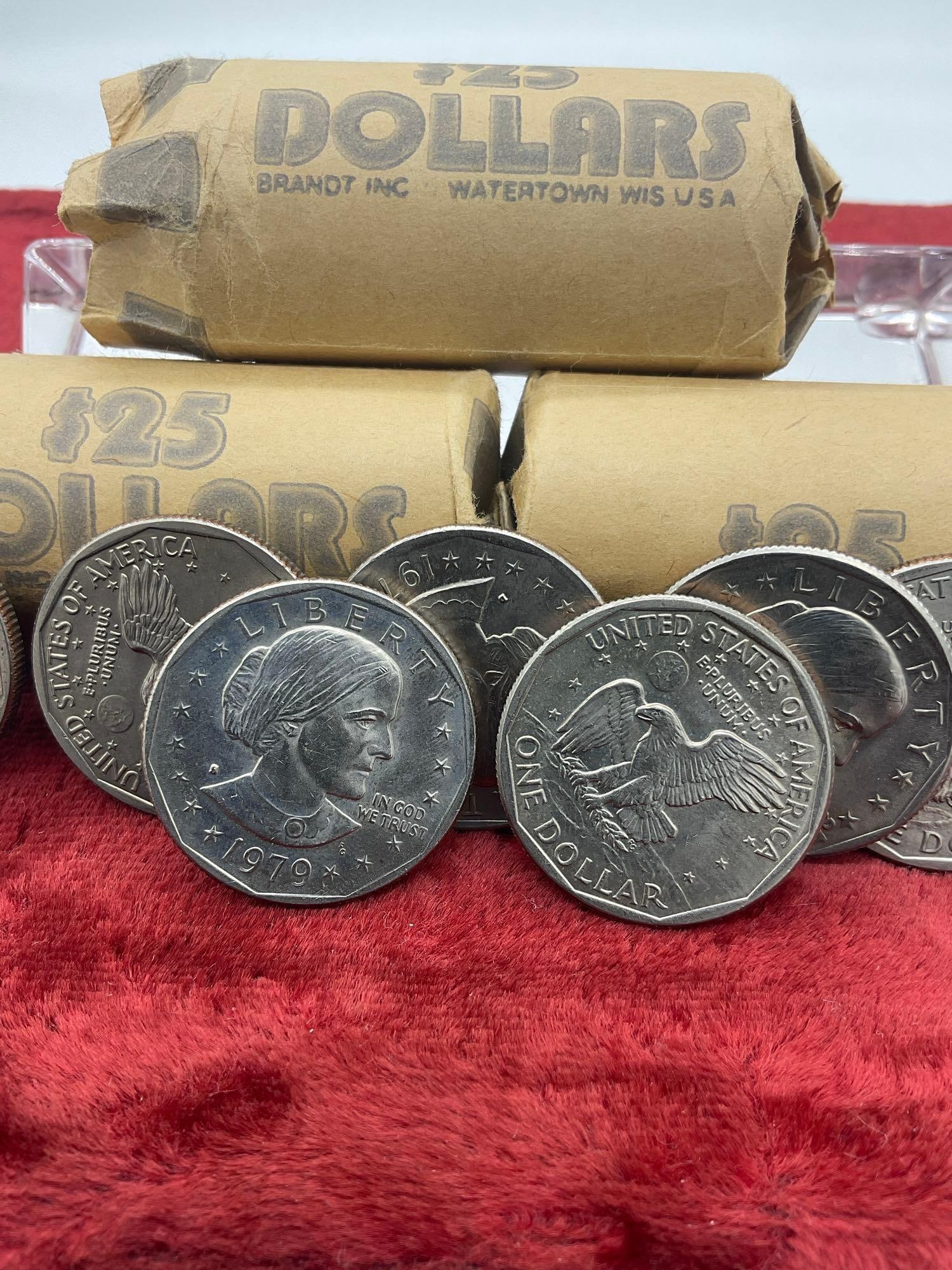 75 Susan B Anthony 1979 Dollar coins in 3 seperate 25.00 Bank Rolls assorrted mint marks - 2