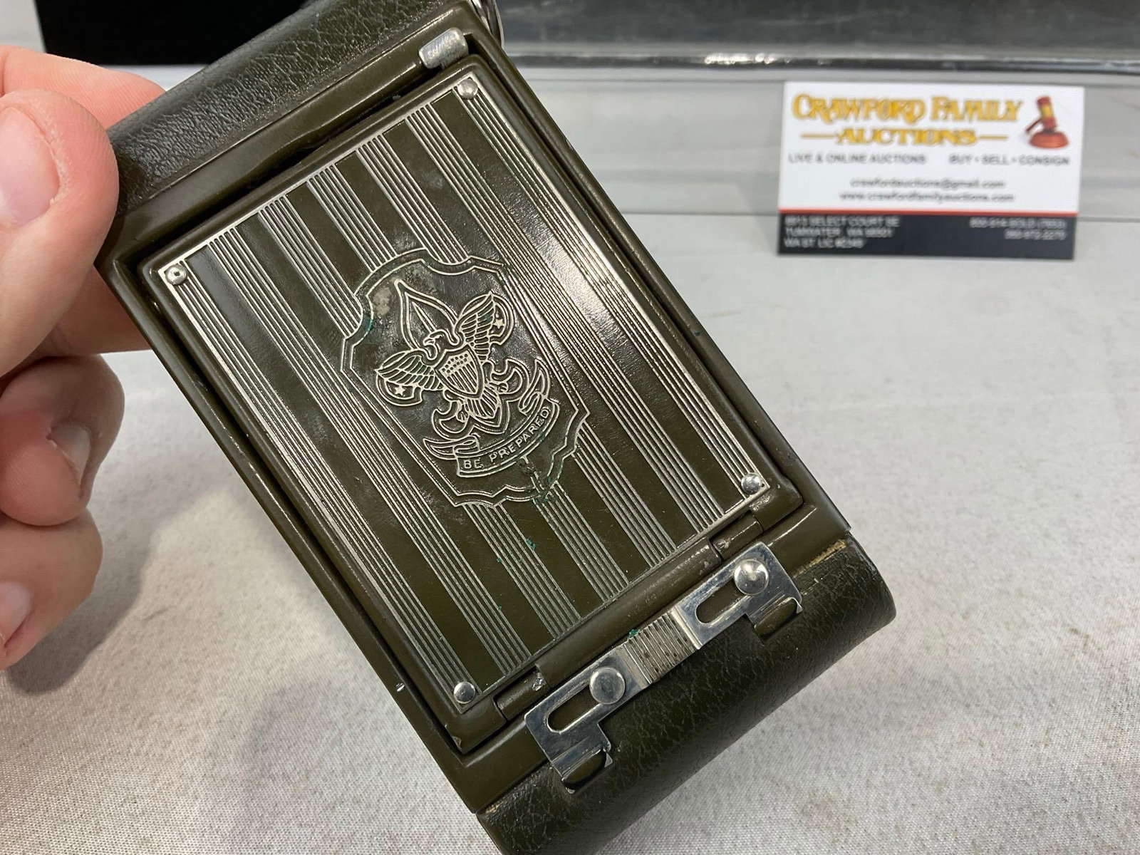 Early 20th Century Boy Scout Eastman Kodak Folding Camera Olive Drab & Case w/Boy Scout Fleur De ... - 4