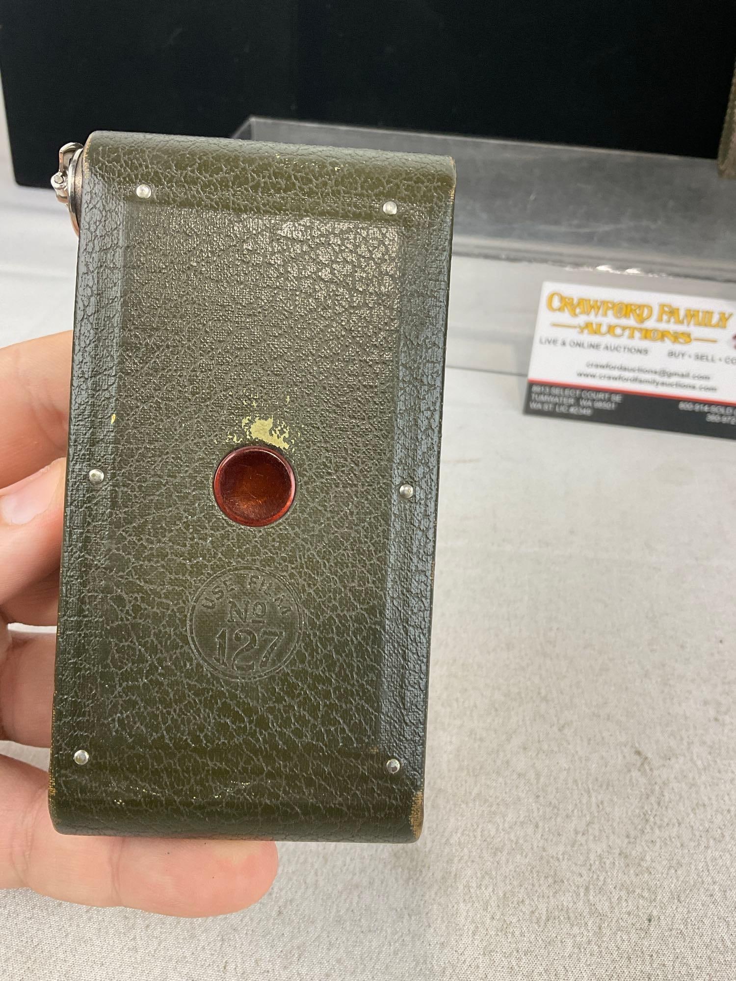 Early 20th Century Boy Scout Eastman Kodak Folding Camera Olive Drab & Case w/Boy Scout Fleur De ... - 5
