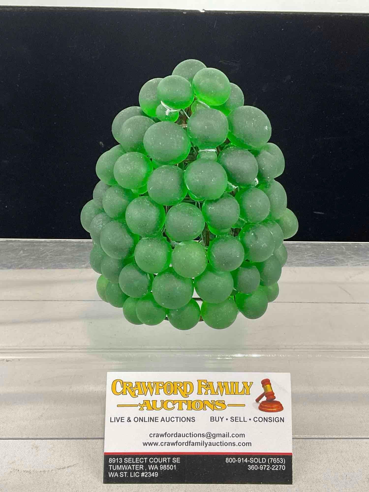 Murano Style Glass Czech Green Grape Cluster Lamp Shade, all hand tied to the base, 6x5x5 inches: Similar pieces in lots 118-119, 121-125. Appears to be in good shape. The piece measures approx 6h x 5w x 5d inches. See pics. E-6220
