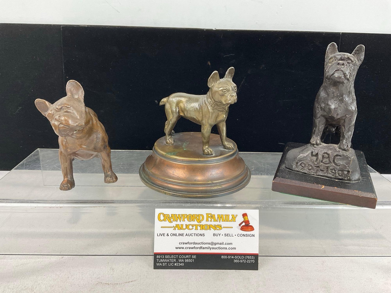 3x French Bulldog Metal Figures, Cast Brass on base, Cast Hollow Bronze, & Cast Iron piece: Appears to be in good shape. The piece measures approx 7h x 12w x 7d inches. See pics. E-6220