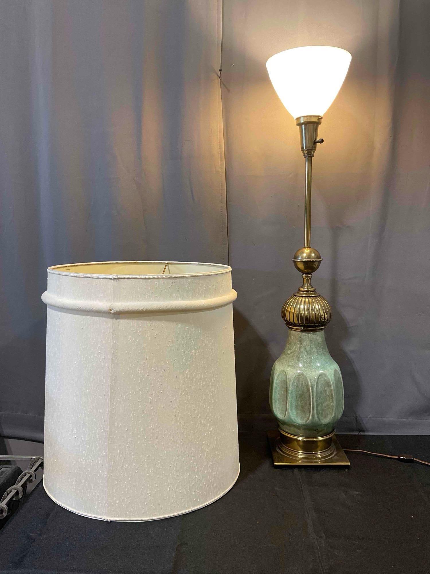 Mid Century Stiffel Moorish Revival Jade Green Crackle Glaze Ceramic and Brass Table Lamp. Works.: Vintage Stiffel Brass & Ceramic Table Lamp w/ Jade Green Crackle Base. Tested, Works. Minor wear indicative of age and use, has lost its tag, otherwise looks to be in good condition. Pair to lot