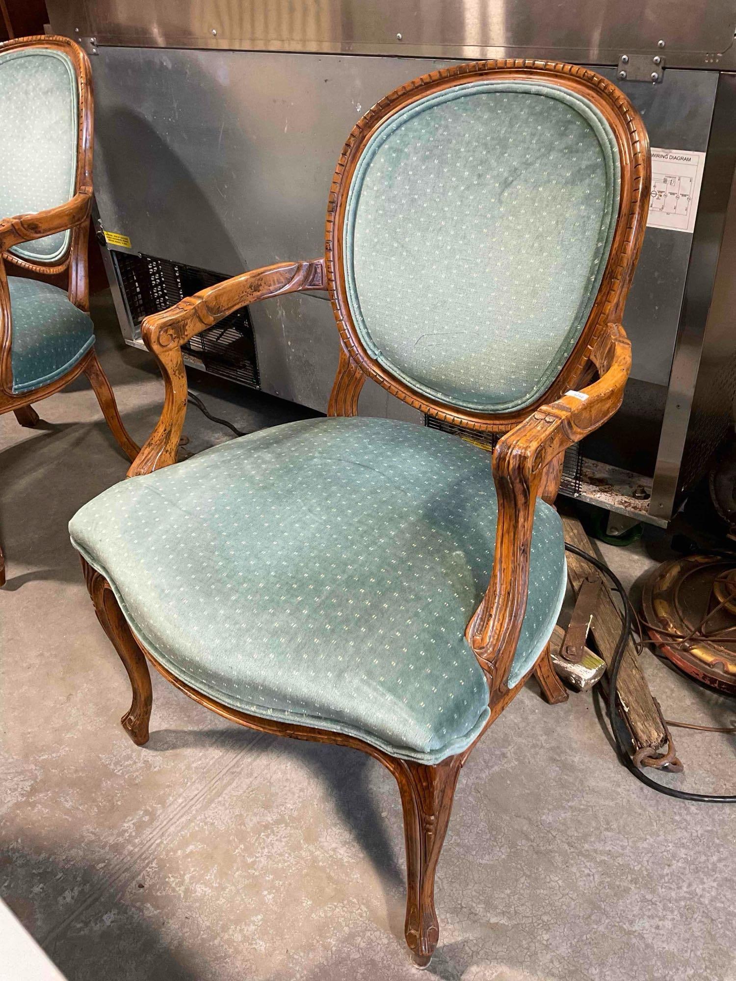 Vintage Louis XVI Style Carved Oak Parlor Chair w/ Teal Velvet Upholstery. Good Condition. - 2