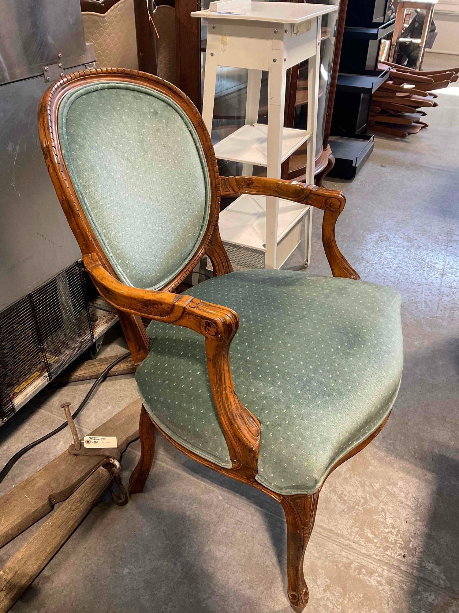 Vintage Louis XVI Style Carved Oak Parlor Chair w/ Teal Velvet Upholstery. Good Condition. - 3