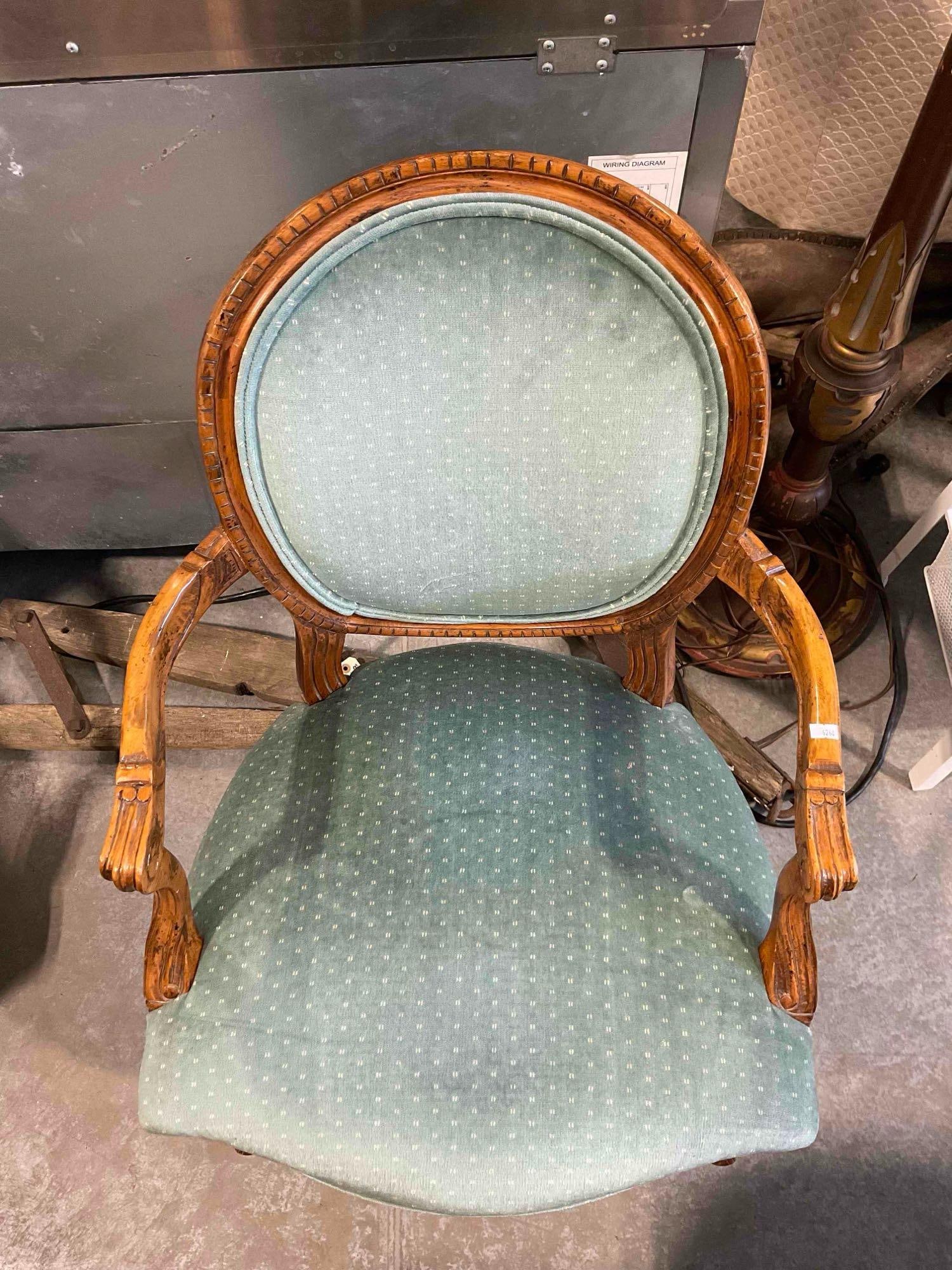 Vintage Louis XVI Style Carved Oak Parlor Chair w/ Teal Velvet Upholstery. Good Condition. - 4