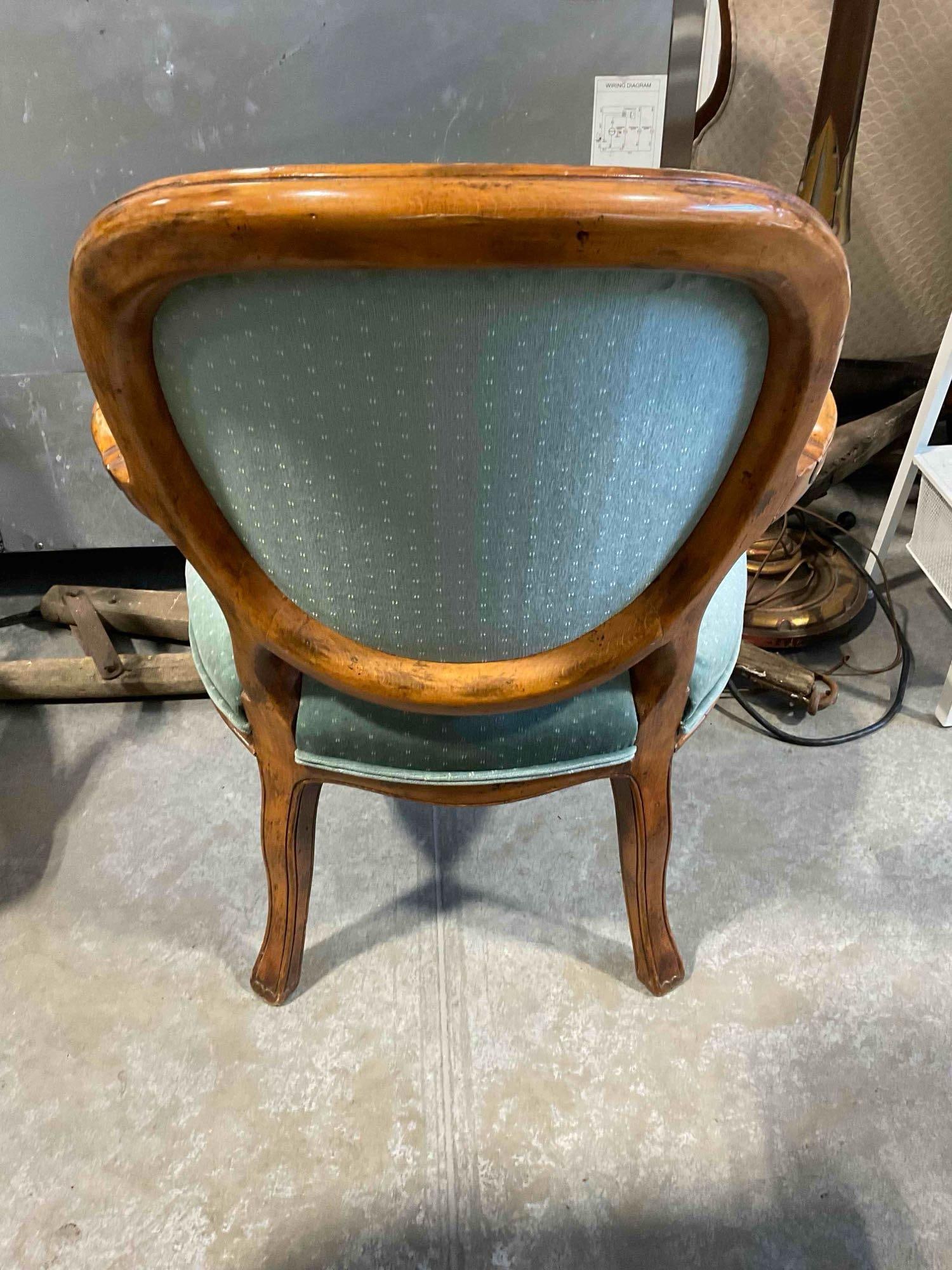 Vintage Louis XVI Style Carved Oak Parlor Chair w/ Teal Velvet Upholstery. Good Condition. - 5