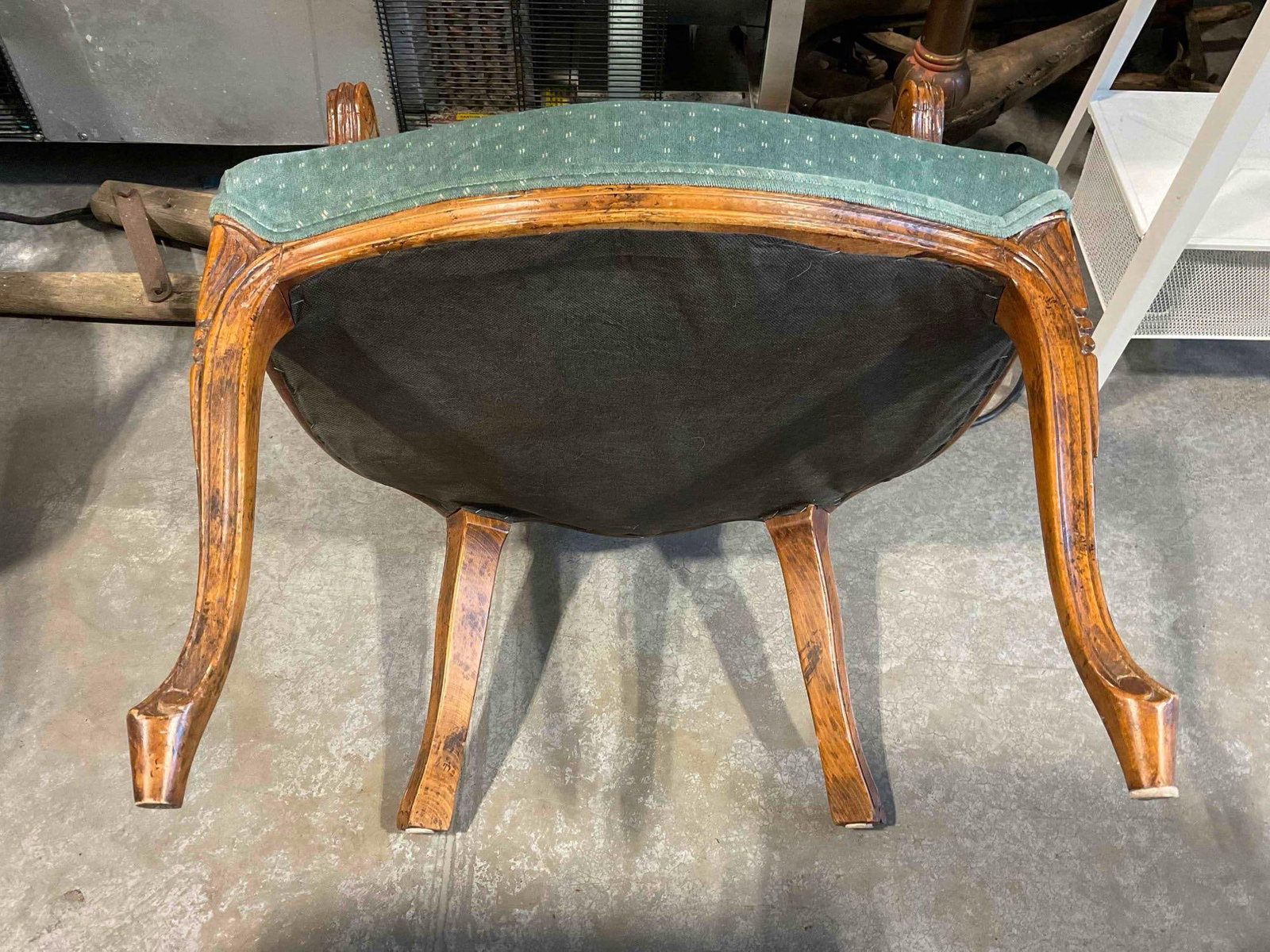 Vintage Louis XVI Style Carved Oak Parlor Chair w/ Teal Velvet Upholstery. Good Condition. - 6