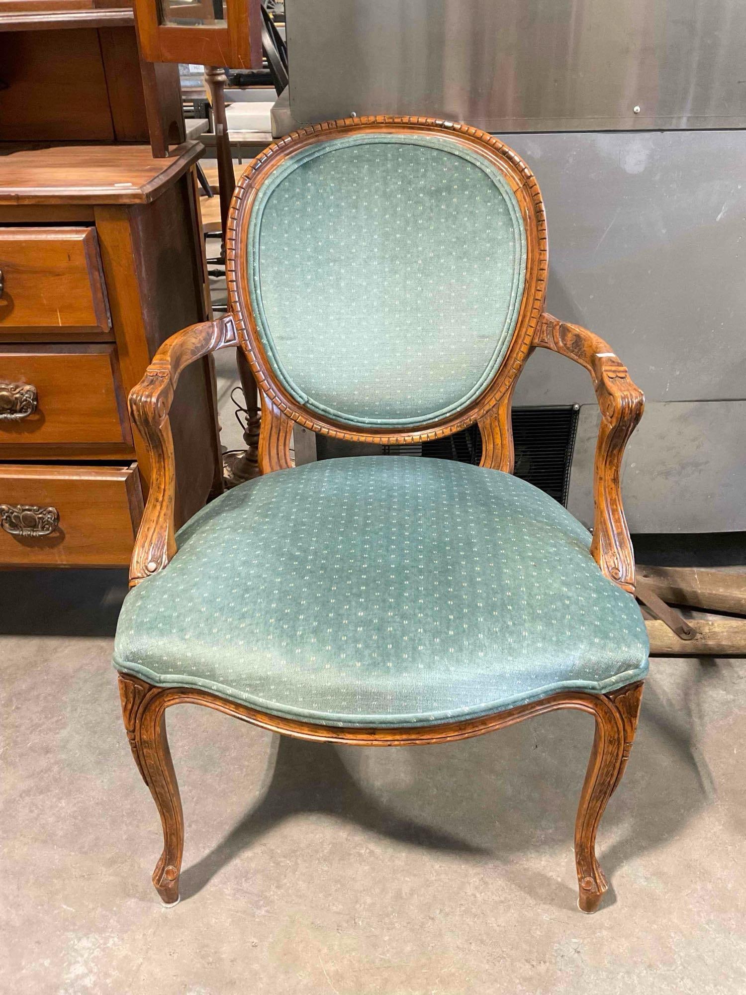 Vintage Louis XVI Style Carved Oak Parlor Chair w/ Teal Velvet Upholstery. Good Condition.: Vintage Louis XVI Style Carved Oak Parlor Chair w/ Teal Velvet Upholstery. Good Condition. Pair to lot 134. Minor wear indicative of age and use, otherwise looks to be in good condition. Measures