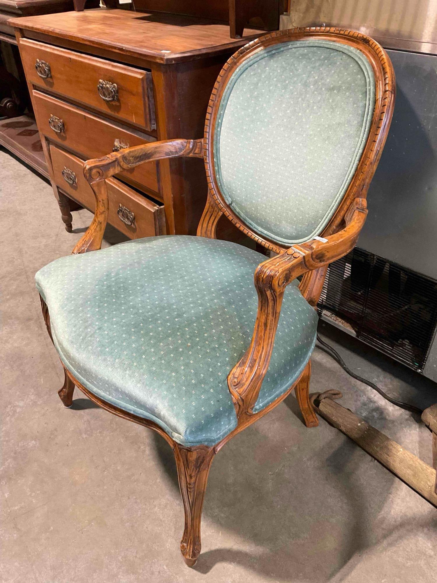 Vintage Louis XVI Style Carved Oak Parlor Chair w/ Teal Velvet Upholstery. Good Condition. - 2
