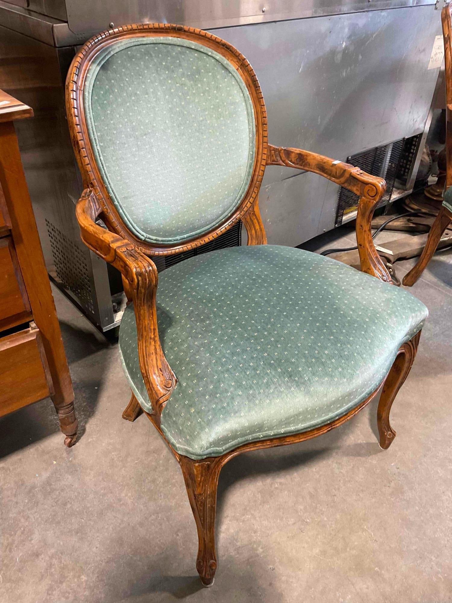 Vintage Louis XVI Style Carved Oak Parlor Chair w/ Teal Velvet Upholstery. Good Condition. - 3