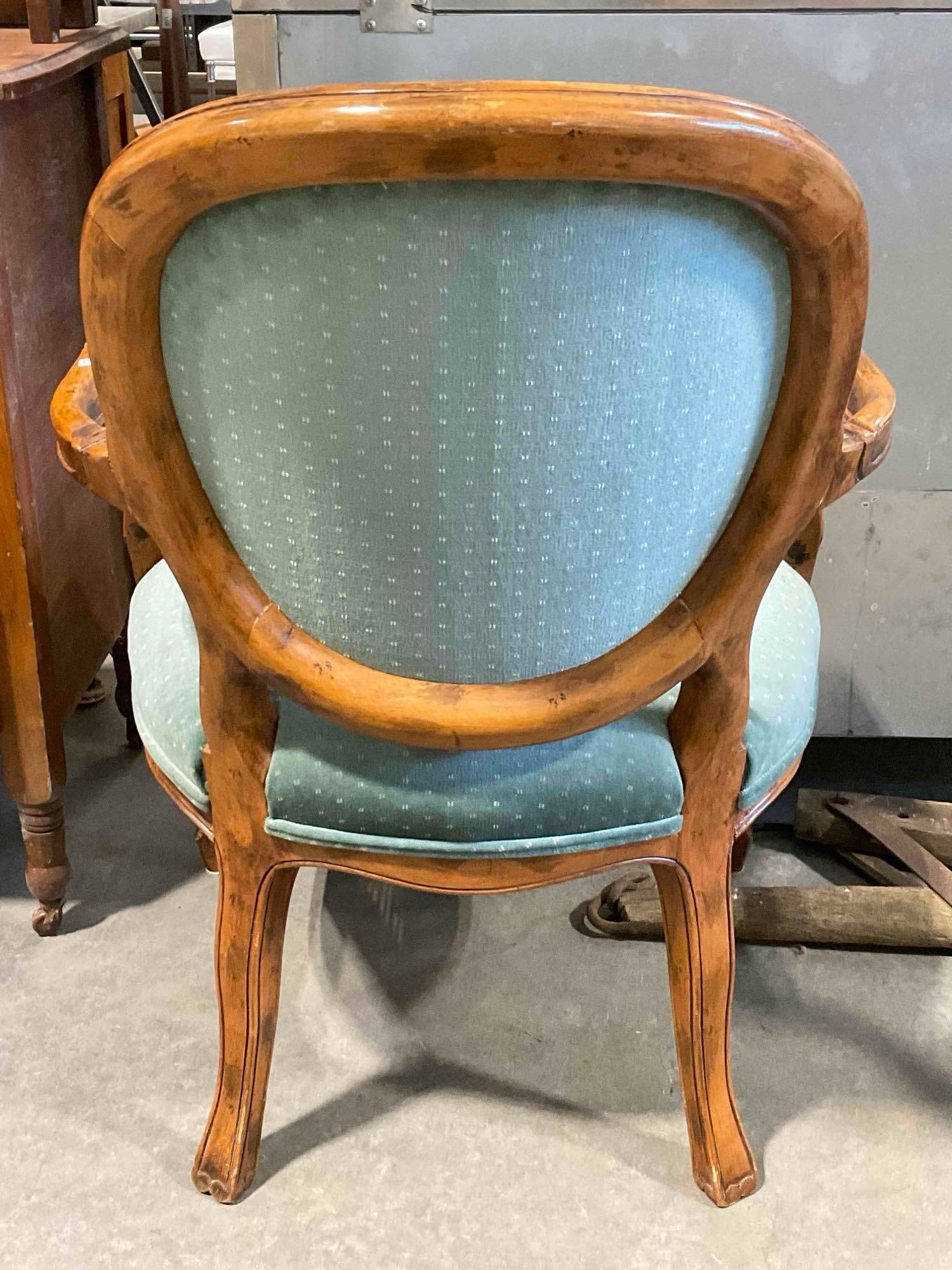 Vintage Louis XVI Style Carved Oak Parlor Chair w/ Teal Velvet Upholstery. Good Condition. - 4