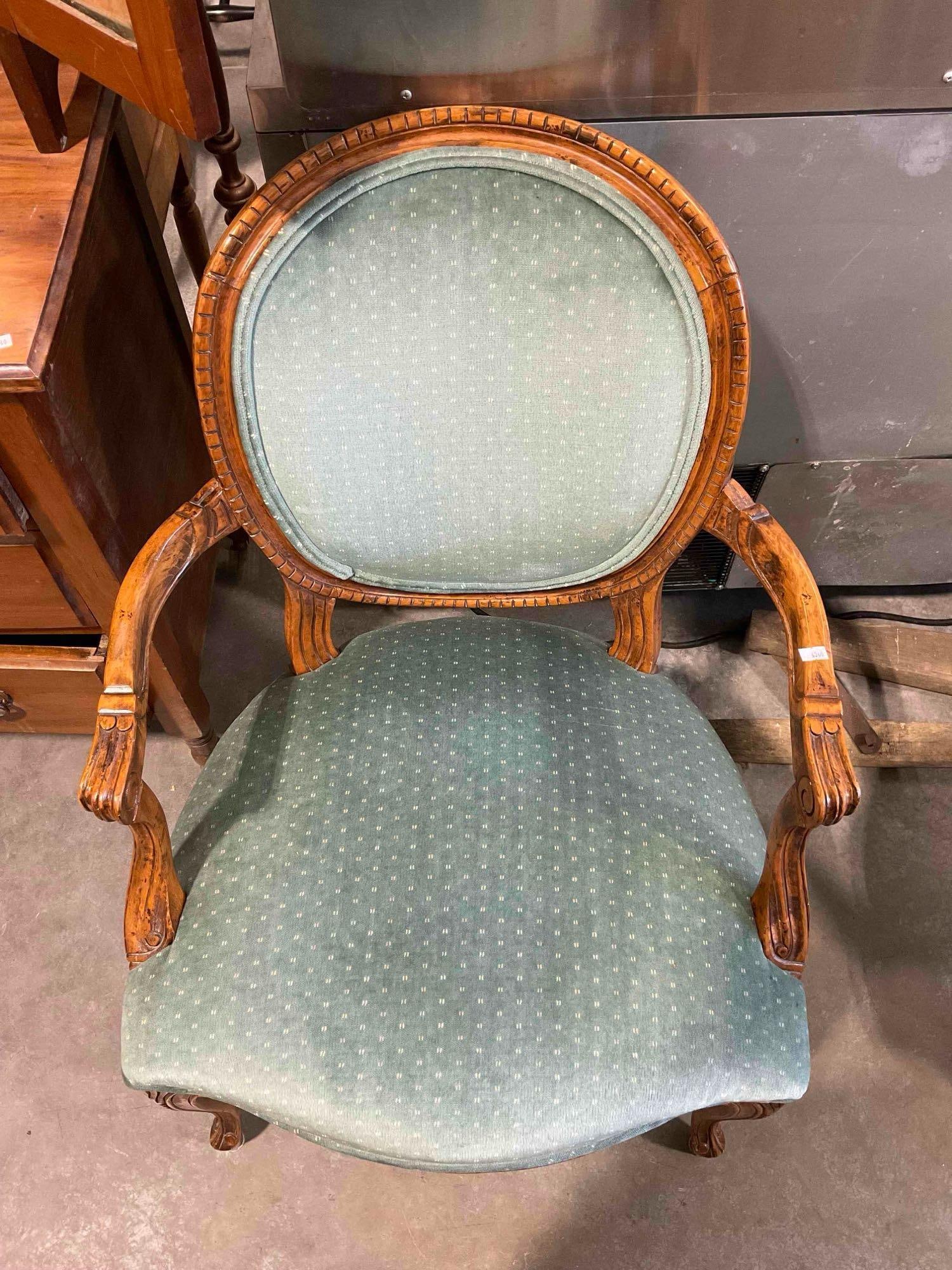 Vintage Louis XVI Style Carved Oak Parlor Chair w/ Teal Velvet Upholstery. Good Condition. - 5