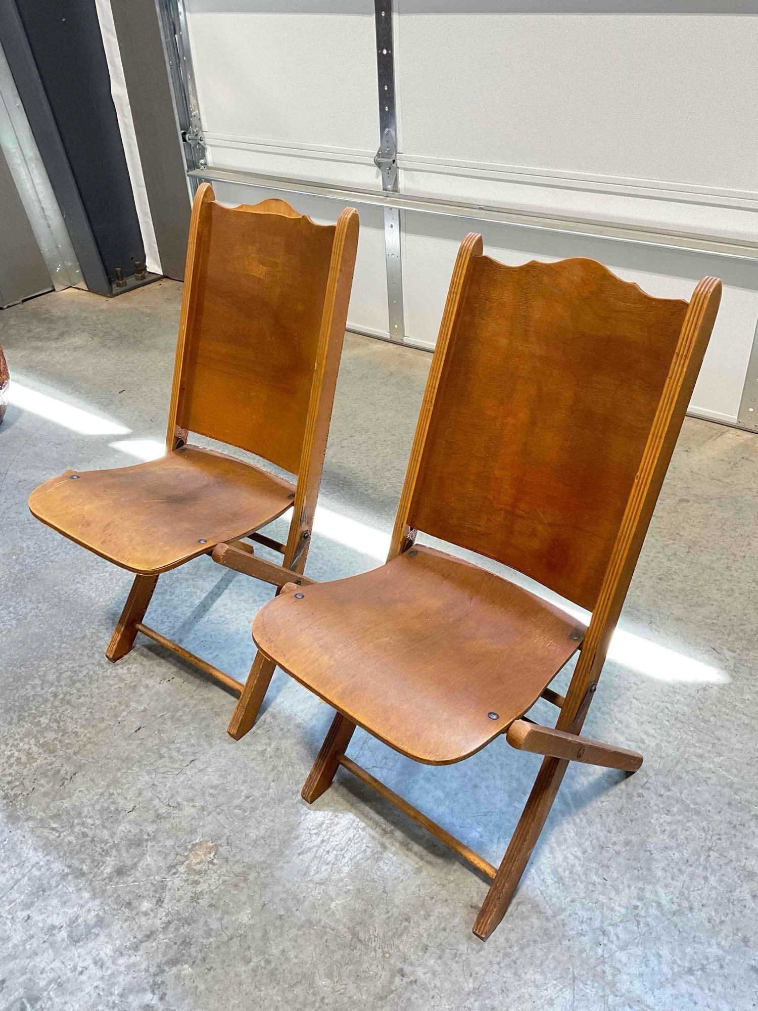 Pair of Vintage Maple Veneer Folding Chairs from the Woman's Club of Olympia. Fair Condition. - 2