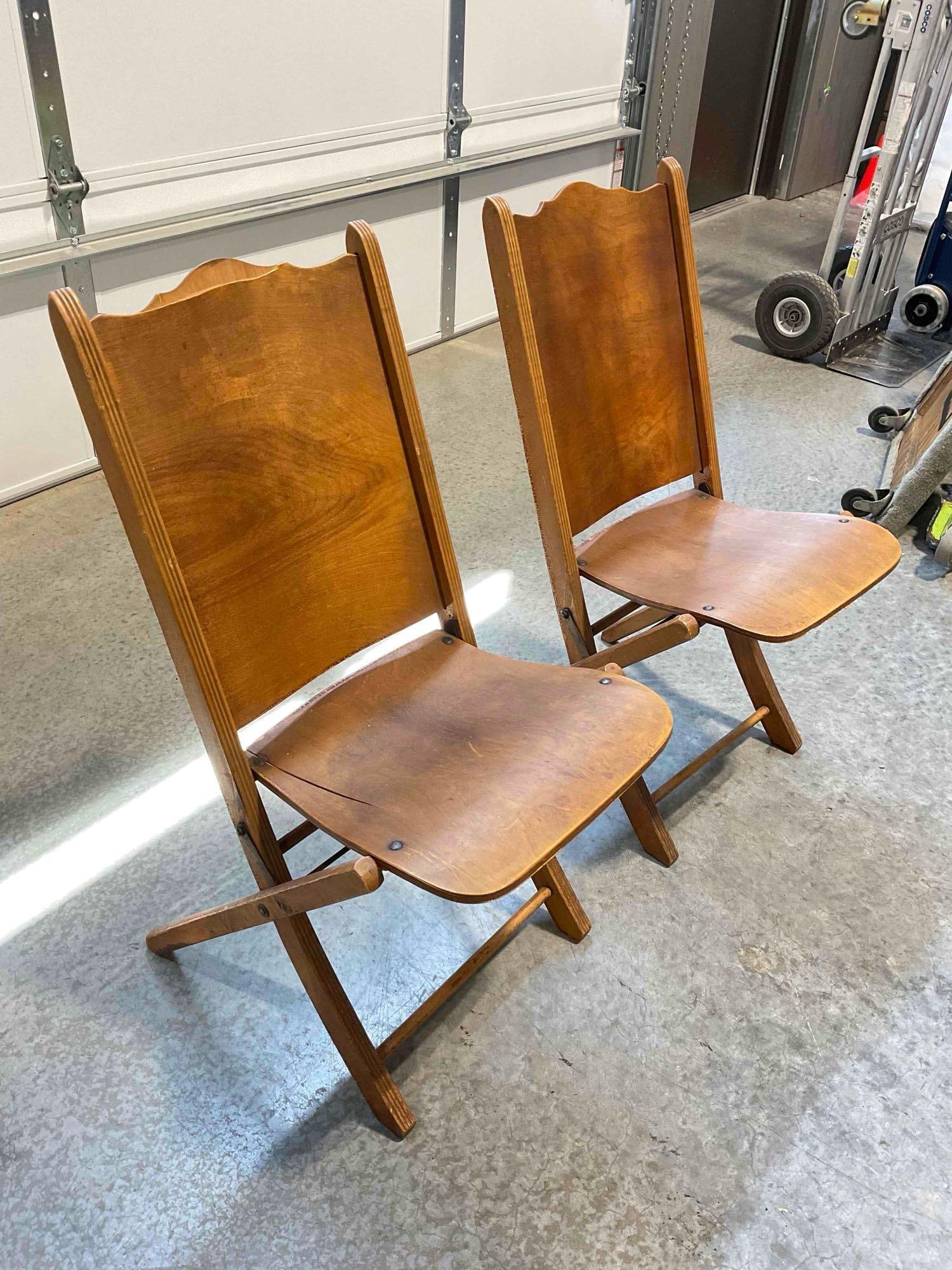 Pair of Vintage Maple Veneer Folding Chairs from the Woman's Club of Olympia. Fair Condition. - 3