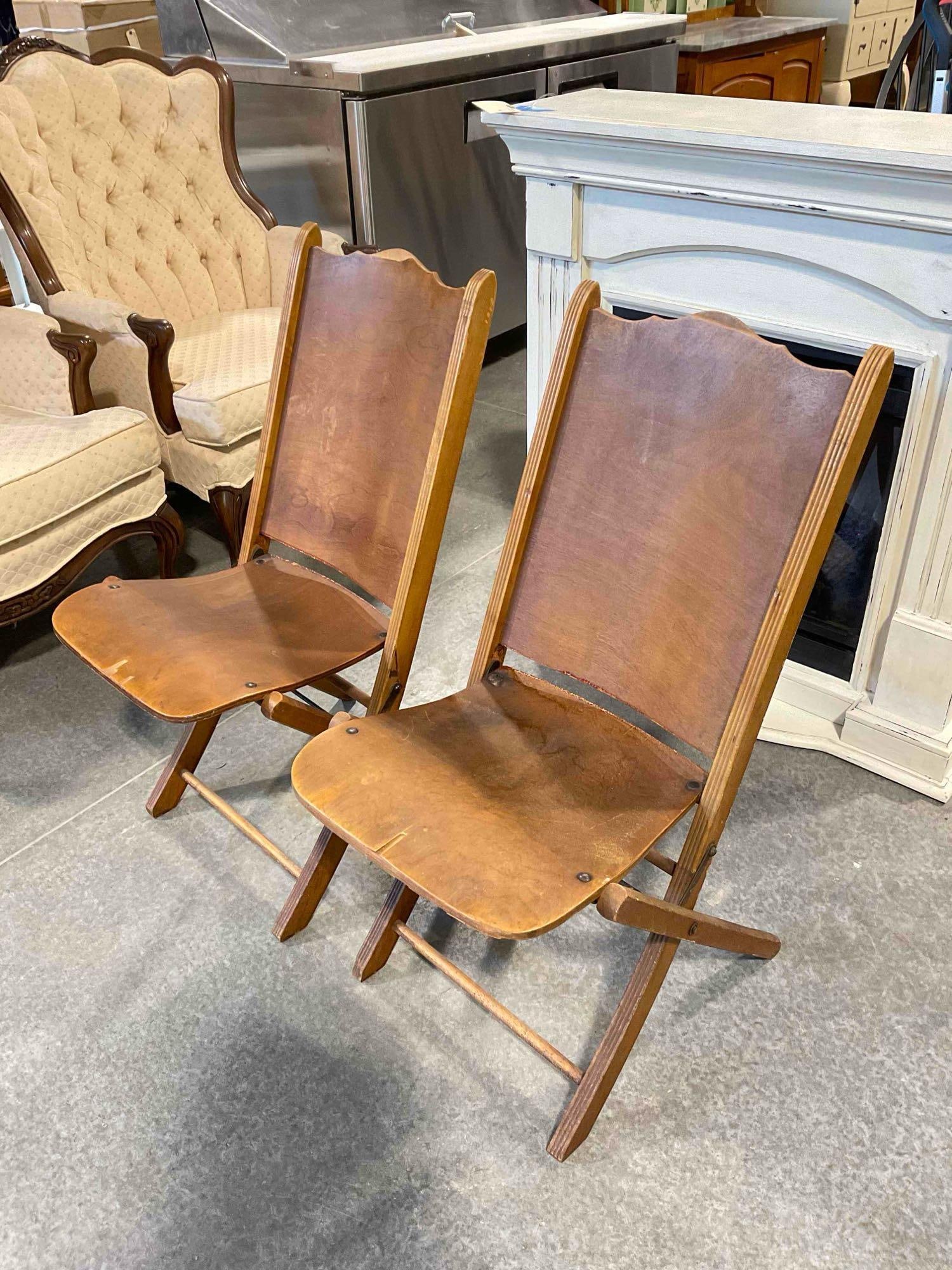 Pair of Vintage Maple Veneer Folding Chairs from the Woman's Club of Olympia. Fair Condition. - 2