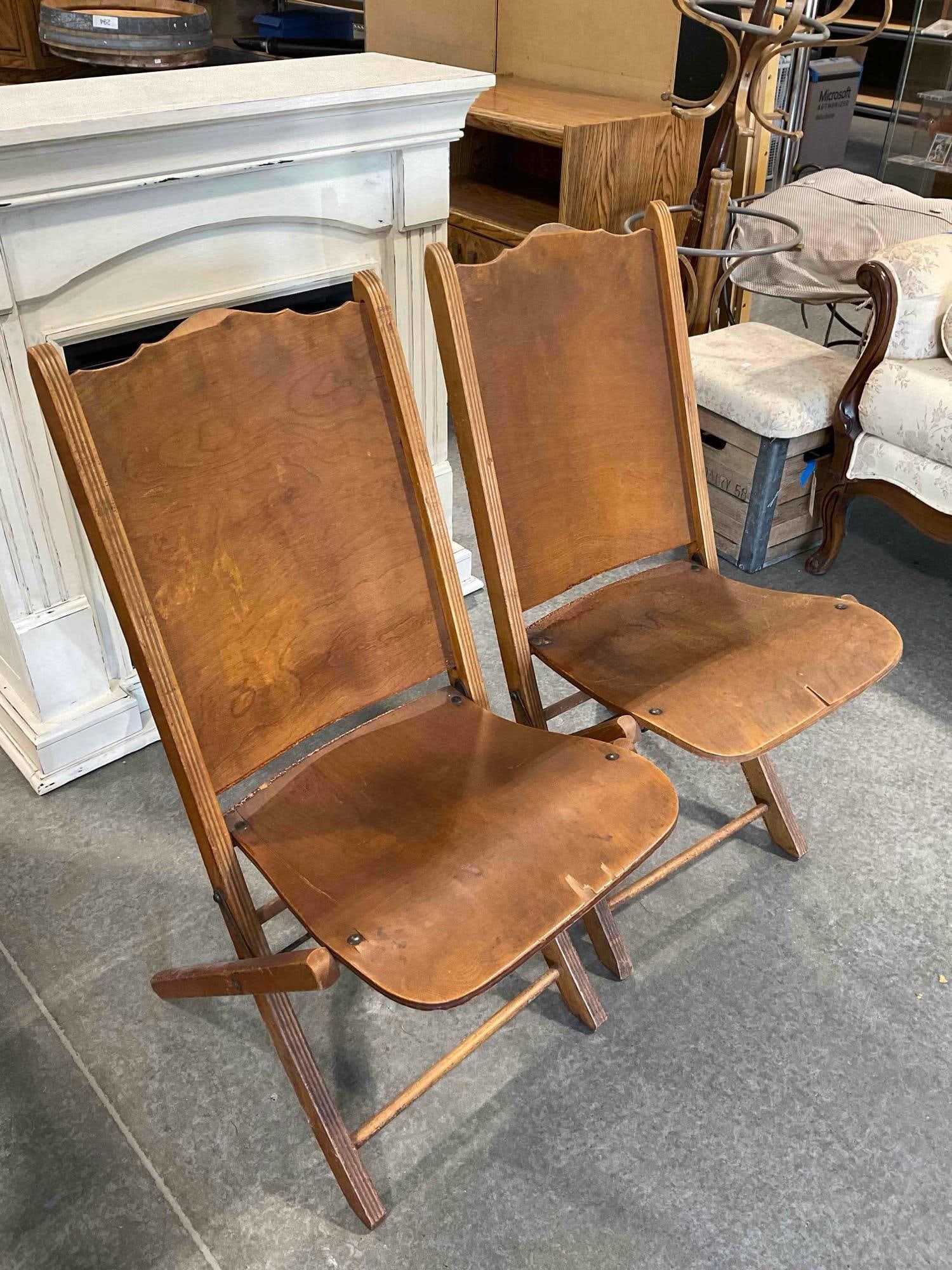 Pair of Vintage Maple Veneer Folding Chairs from the Woman's Club of Olympia. Fair Condition. - 3