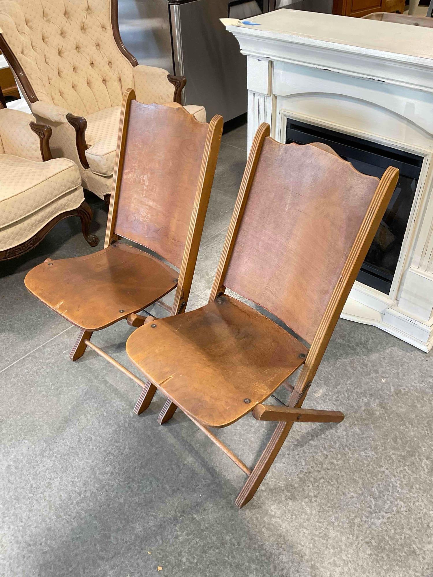 Pair of Vintage Maple Veneer Folding Chairs from the Woman's Club of Olympia. Fair Condition. - 5