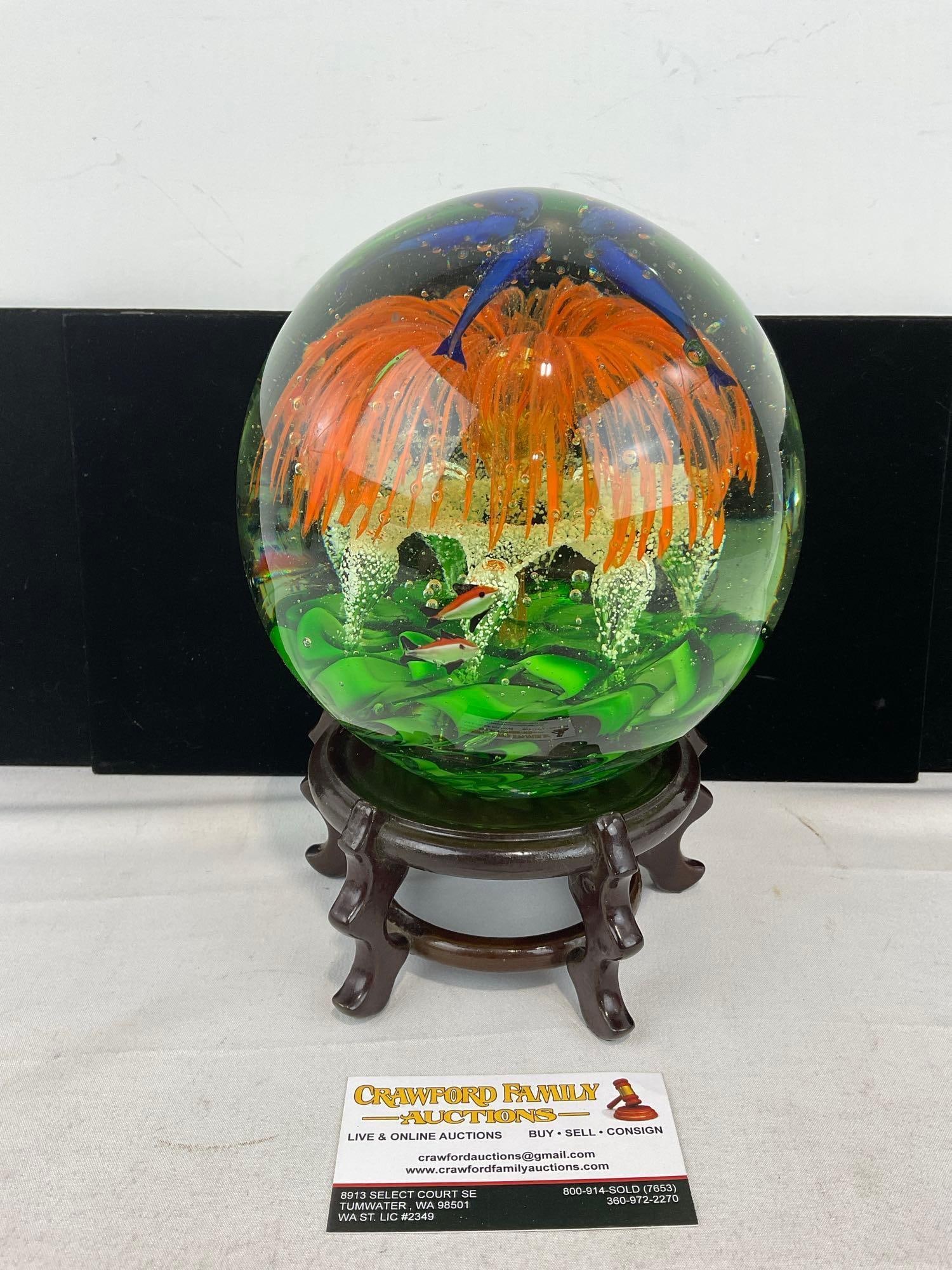 Large Murano Style Crystal Ball Paperweight, Bright Colors, Dolphins, w/wooden stand: Appears to be in good shape. The piece measures approx 10h x 7w x 7d inches. See pics. E-6160