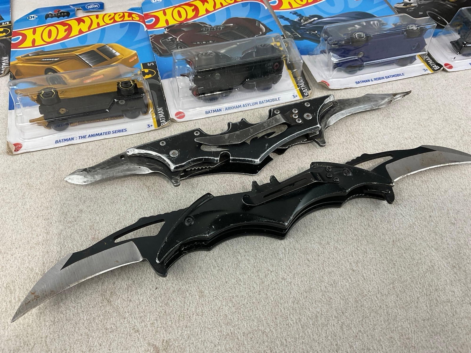 Batman Hotwheels Diecast Cars, 14 in packaging, Voltron Defender of the Universe Dvd set, 2 Knives - 6